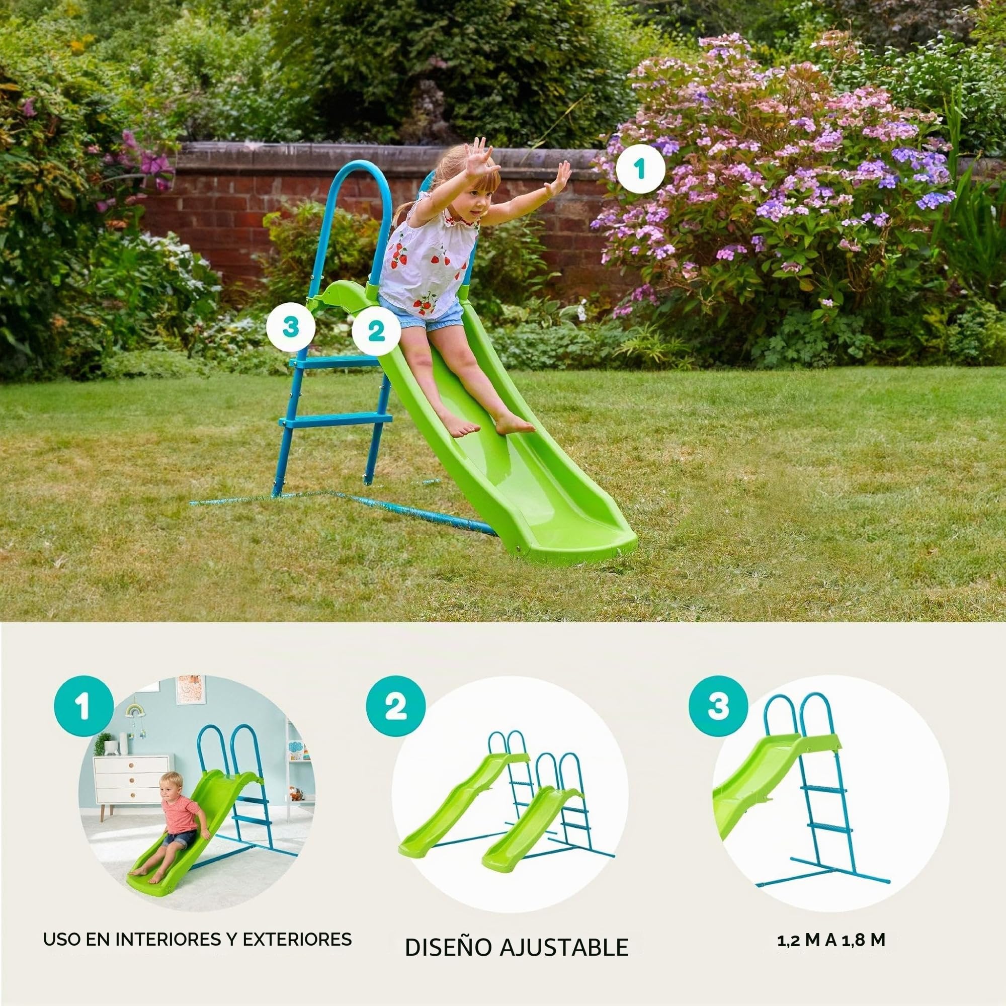 TP Toys Tobogán cultivable de pequeño a alto – Tobogán expandible de 4 pies a 6 pies para niños de 18 meses a 10 años, diseño de plástico duradero y metal, fácil montaje para jugar en el jardín al