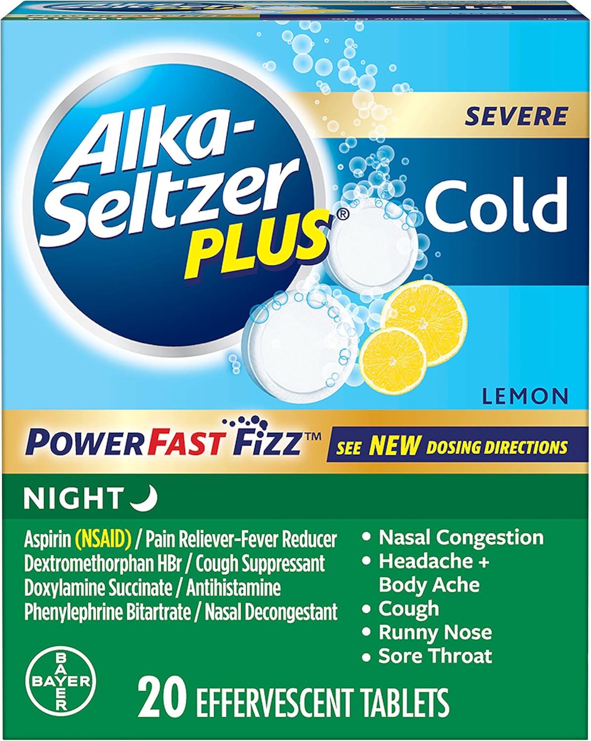 Alka-Seltzer Plus Severe Night Cold PowerFast Fizz Effervescent Tablets 20ct : Health & Household