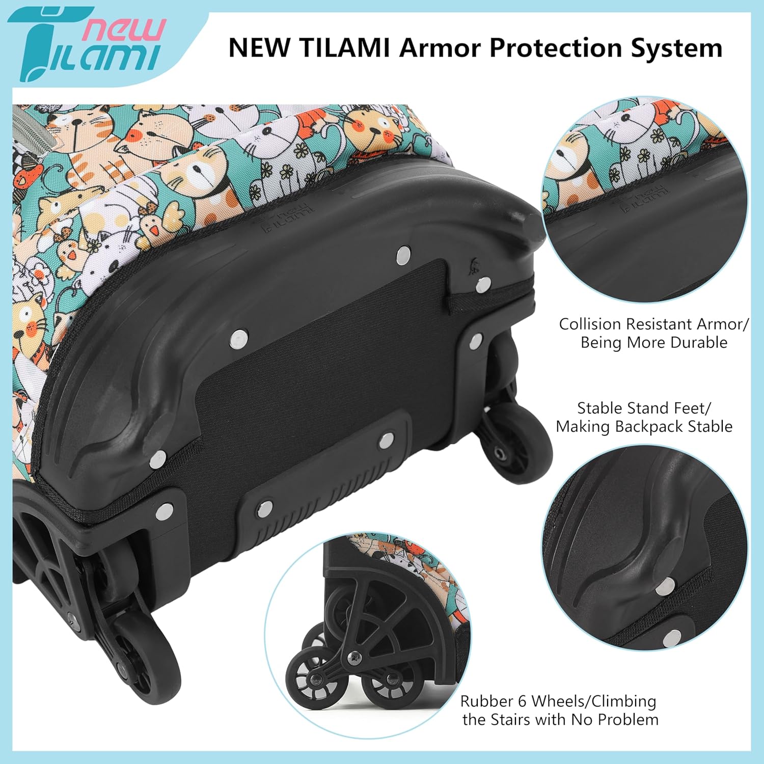 NEW TILAMI Kids 18 inch Rolling Backpack - Durable Waterproof Large Capacity Adjustable Handle Stair Climbing Design for Boys & Girls, Cats Cute