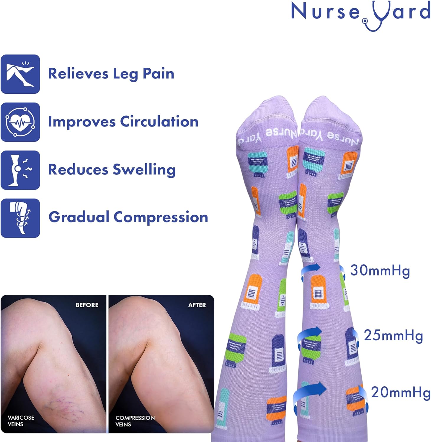 Nurse Yard Compression Socks for Nurses - Women & Men - 20-30mmHg Graduated Compression, For Medical Staff, Athletes - 1 Pair