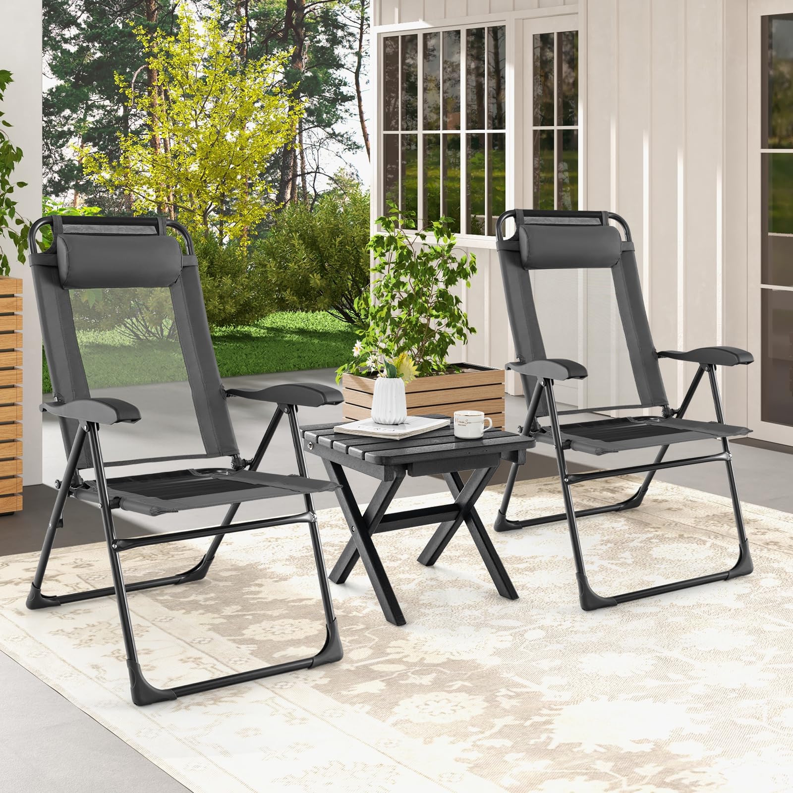 KOMFOTTEU 2er Set Gartenstühle, Klappstühle mit 7 verstellbaren Rückenlehnen, Campingstühle mit Abnehmbarer Kopfstütze, Klappsessel tragbar für Balkon, Garten, Terrasse (Grau)