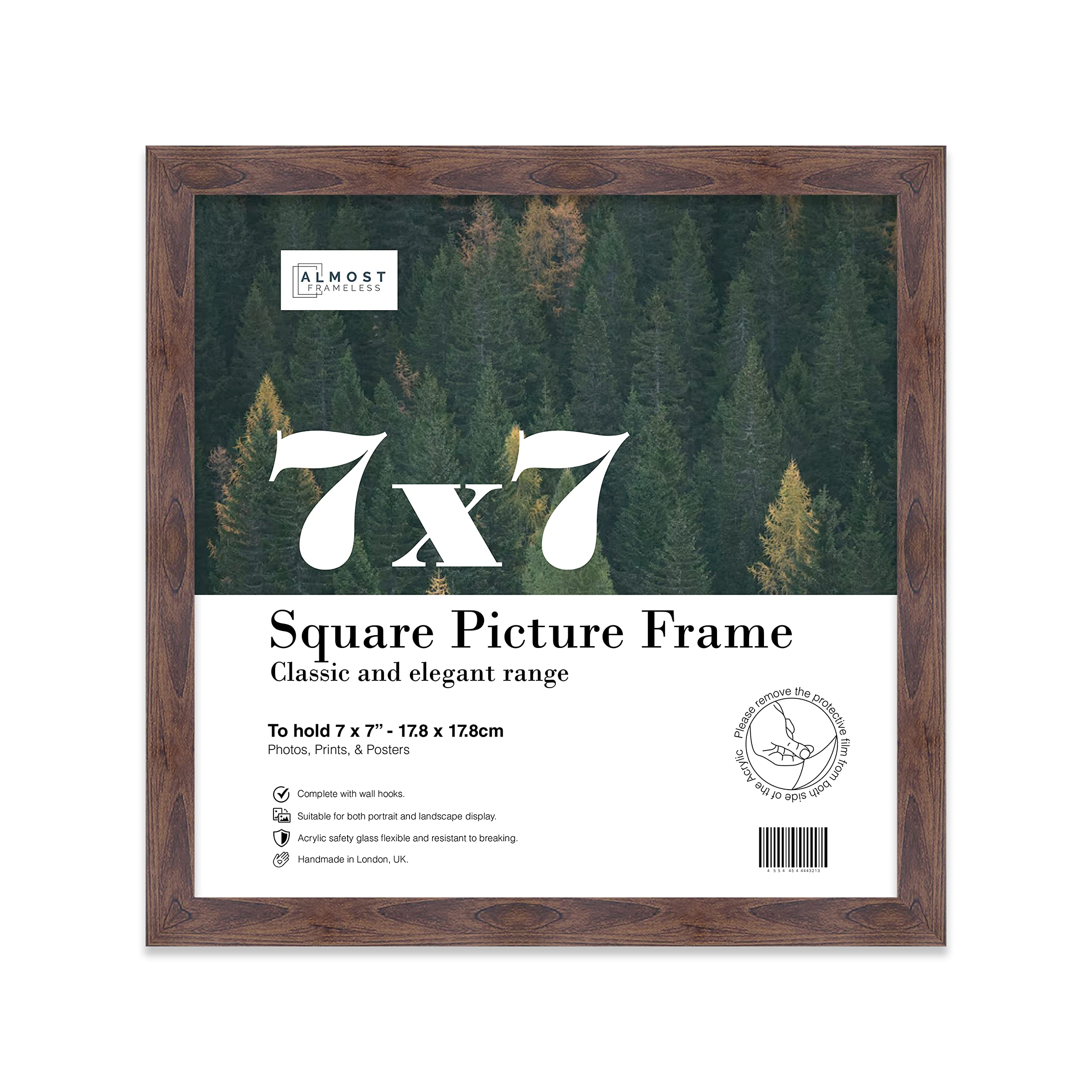 Almost Frameless 7x7 Walnut Picture Frame 7"x7" (17.8x17.8cm) Poster, Photo, Artwork, or Print. Thin Edge Slim Frame Portrait and Landscape Display with Wall Hooks