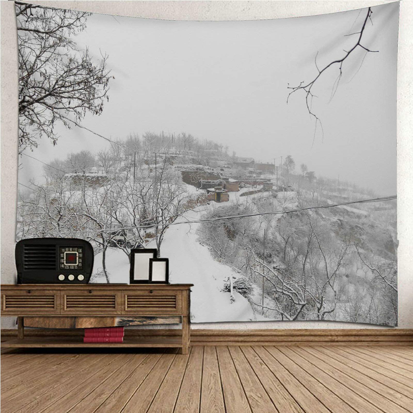 Tapiz de pared para salón en poliéster gris: decoración textil de bosque nórdico de 150x130