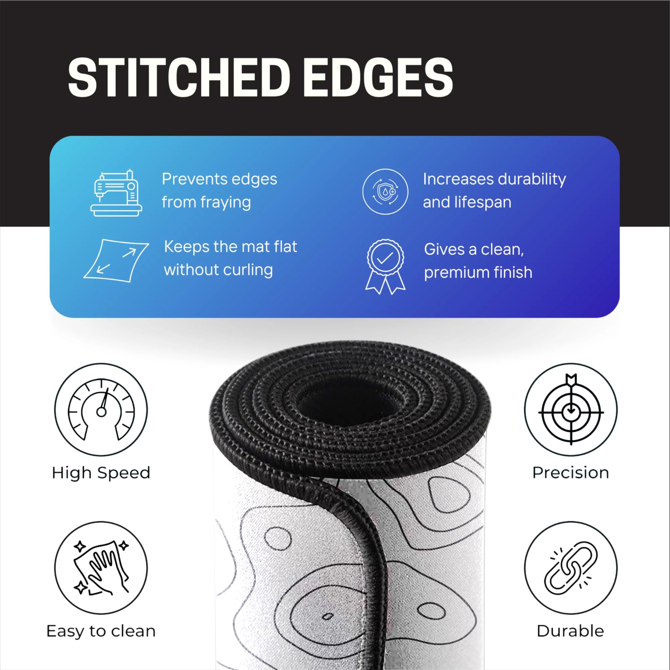 White Minimalist Contour Line Gaming Mouse Pad, Large Desk Mat 58.5 x 28 cm, Extended Washable Mousepad, Desk Pad, 2mm Thick Non-Slip Rubber Base, Stitched Edges, Smooth Surface (Black/White) — Amazon image 4