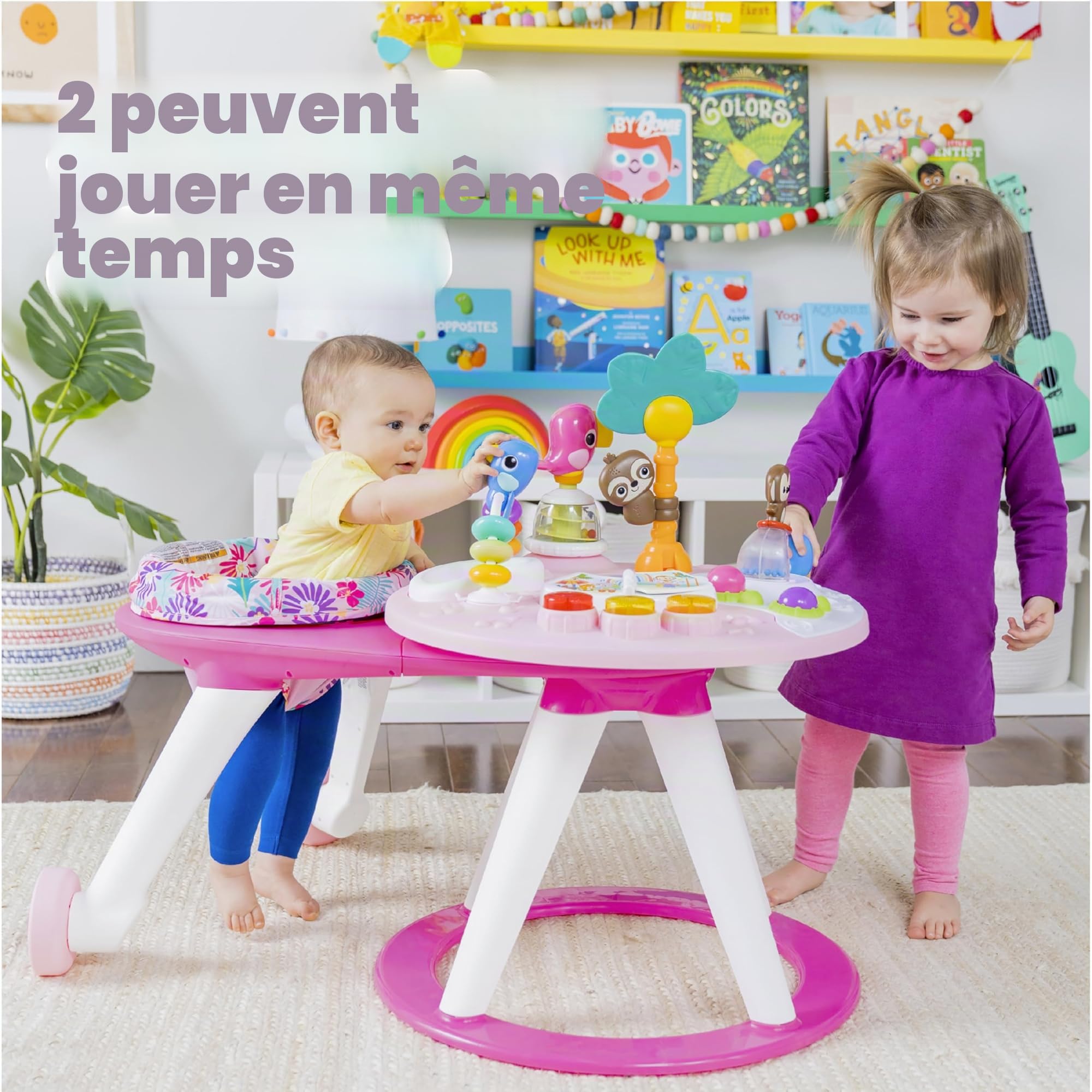 Bright Starts, Table et Siège Tournant, Centre d'Activités 2 en 1 Around We Go avec Sons et Lumières, 10 Jouets D'activité, Trotteur Musical pour Apprentissage de la Marche, Rose, à partir de 6 Mois
