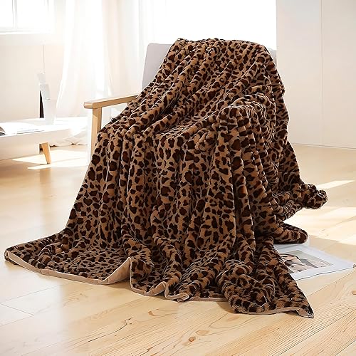 UKELER Leopard Throw Blanket 50''x60'', 480 GSM Double Sided Faux Fur Blankets and Throws for Bed Sofa Travel and Camping, Super Soft Cozy Fluffy Plush Blanket, Cheetah Print Blankets for All Seasons