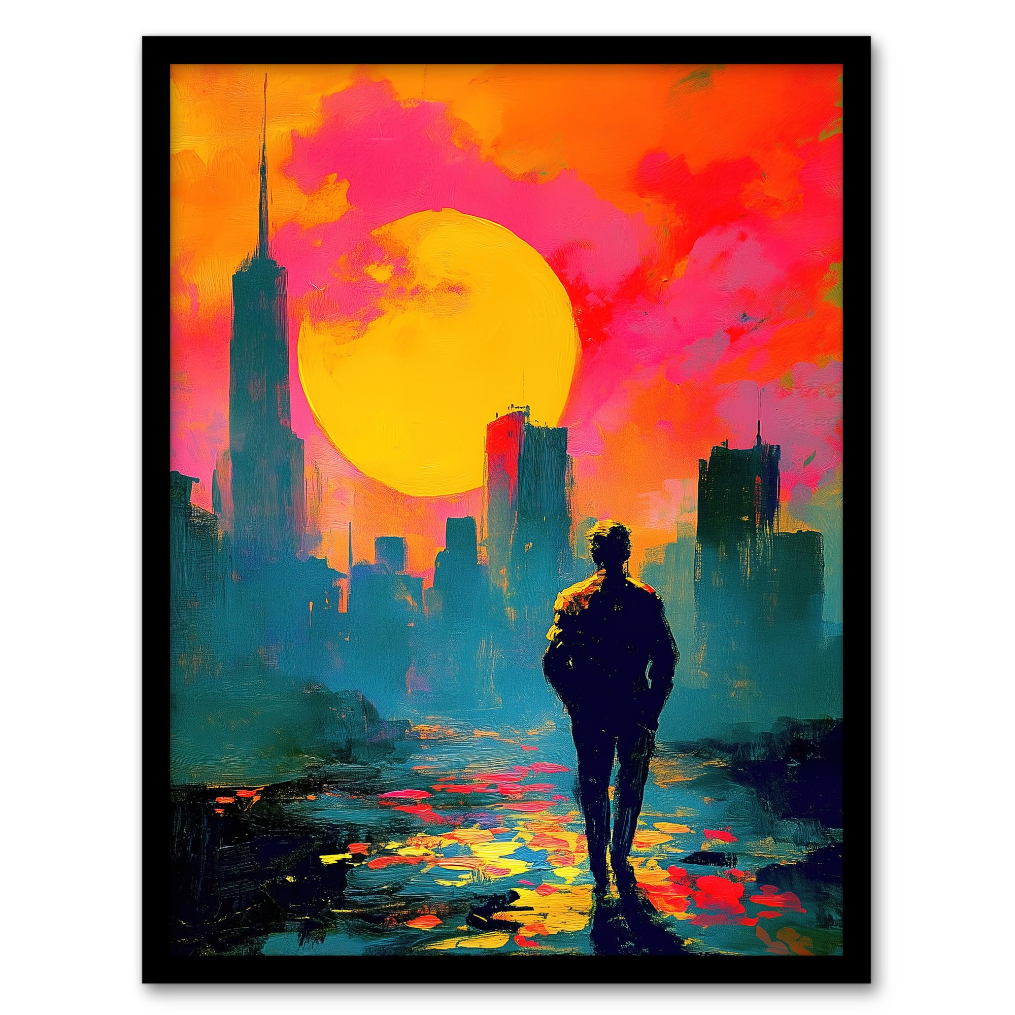 Artery8 Lone Walker Vibrant Sunset Abstract Cityscape Living Room Artwork Framed Wall Art Print 18X24 Inch
