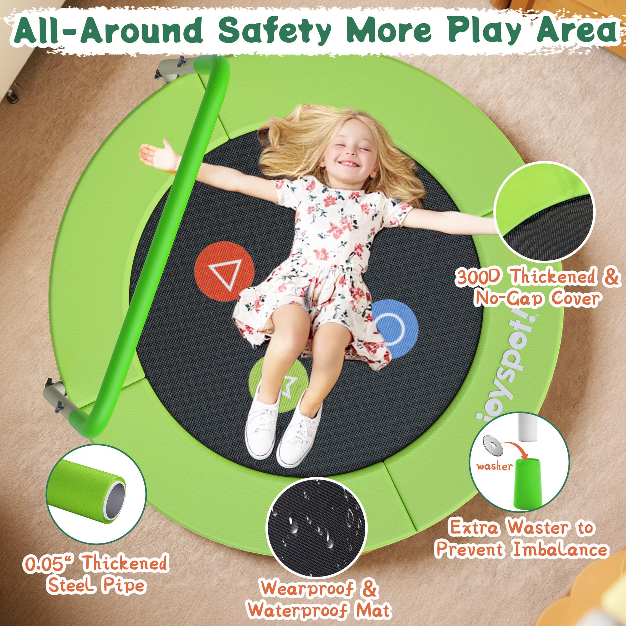 JOY SPOT! Trampolin Kinder Indoor Outdoor, Ø91cm Mini Trampolin mit Verstellbarer Haltegriff, Faltbares Kindertrampolin bis 45 kg, Fitness Rebounder mit Sicherheitspolster für Kleinkind 3-12