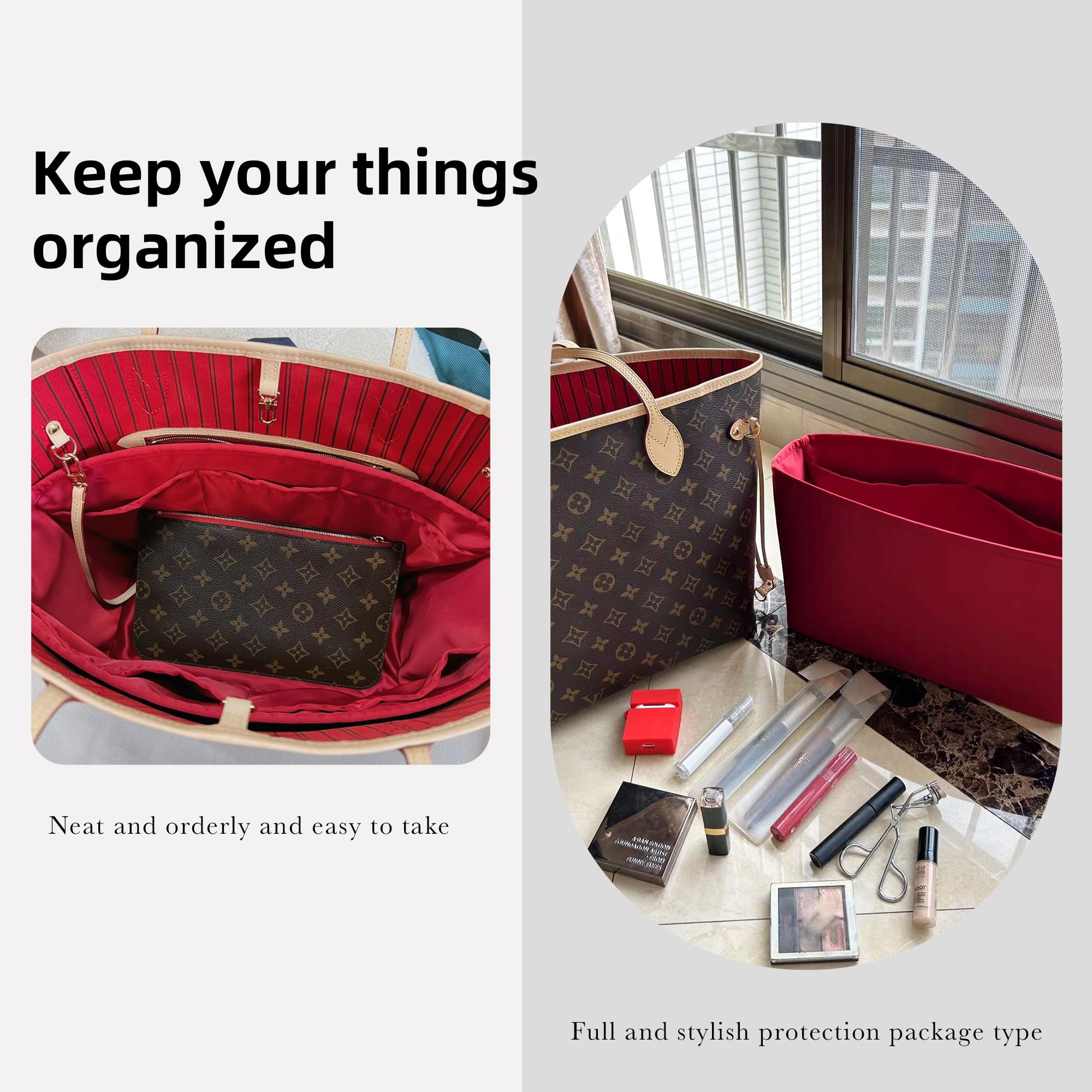 DGAZ Organizador de Bolso de Seda Premium, Inserto Ligero para Neverfull BB/PM/MM/GM, Forro Interior Elegante que Protege y Organiza (Rouge casaque, MM)