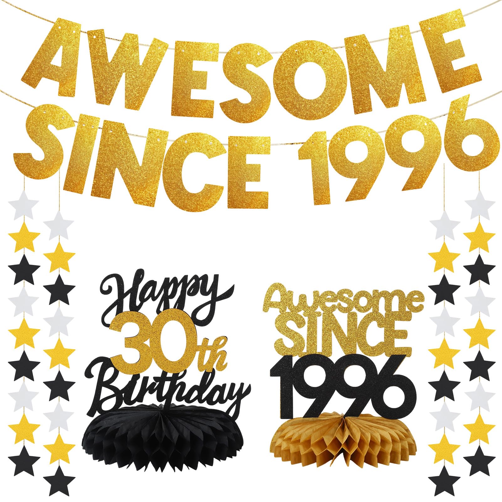 GSrenyu 30th Birthday Decorations Set,Awesome Since 1996 Glitter Banner for Men Women,Black Gold Happy 30th Birthday,Thirty Year Old Bday Table Honeycomb Centerpieces for Party Decorations Supplies โ image 1