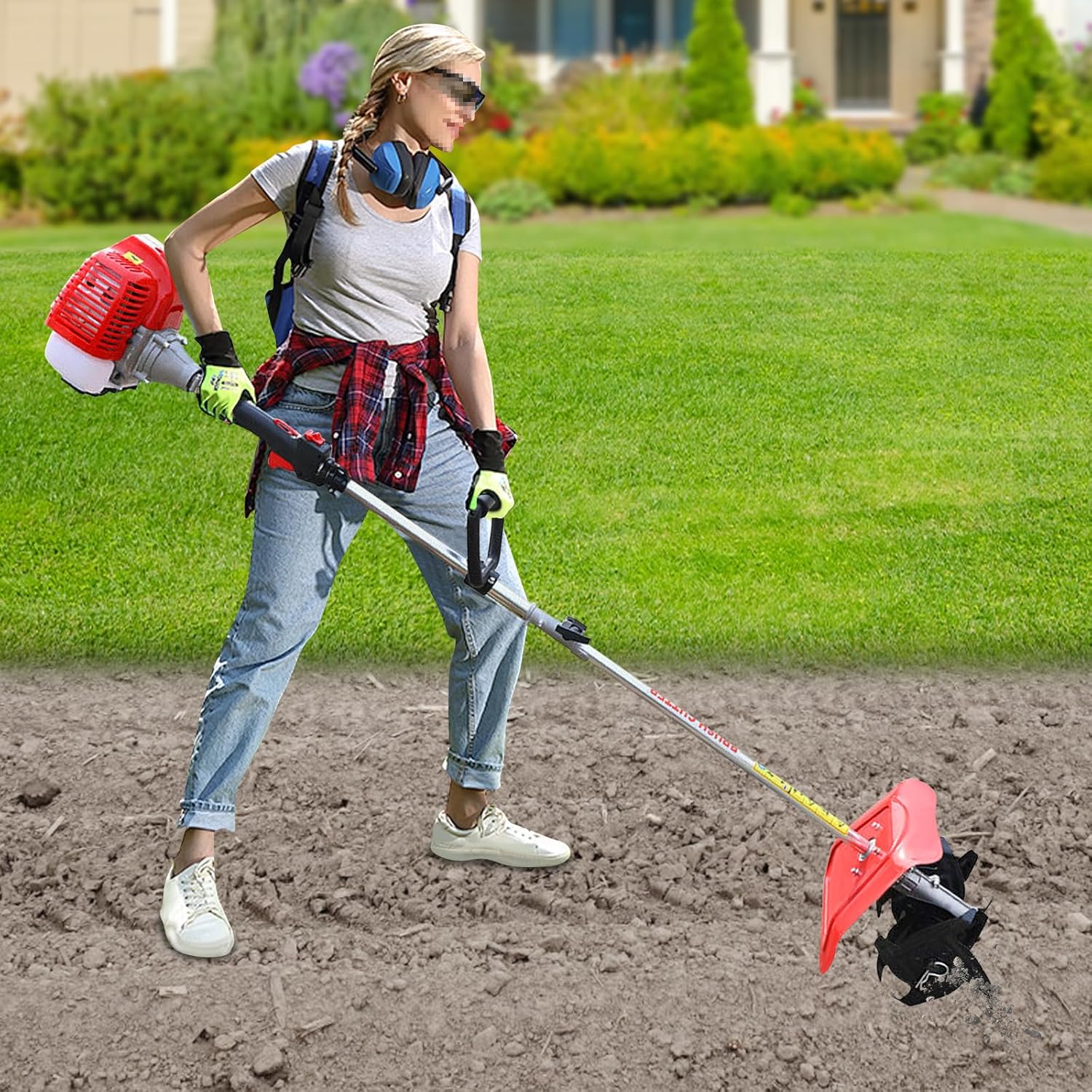 42.7CC Handheld Tiller Cultivator, 2-Stroke Gas Powered Yard Garden Farm Tilling Tool, Mini Cordless Weeding Tilling Tool for Garden, Lawn, Yard, Soil Cultivation 1.25KW 6500RPM