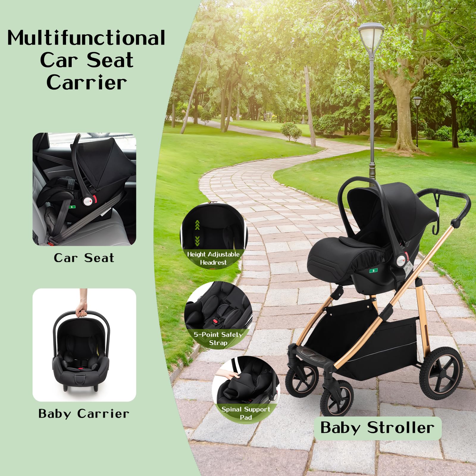 3 en 1 Cochecito de Bebé, Sistema de Viaje, Carrito Bebé Asa Regulable en Altura, Silla de Paseo, Capazo y Asiento de Cochecito, Mosquitera, Cochecito con chasis de aluminio(0-4 Años, 22KG)