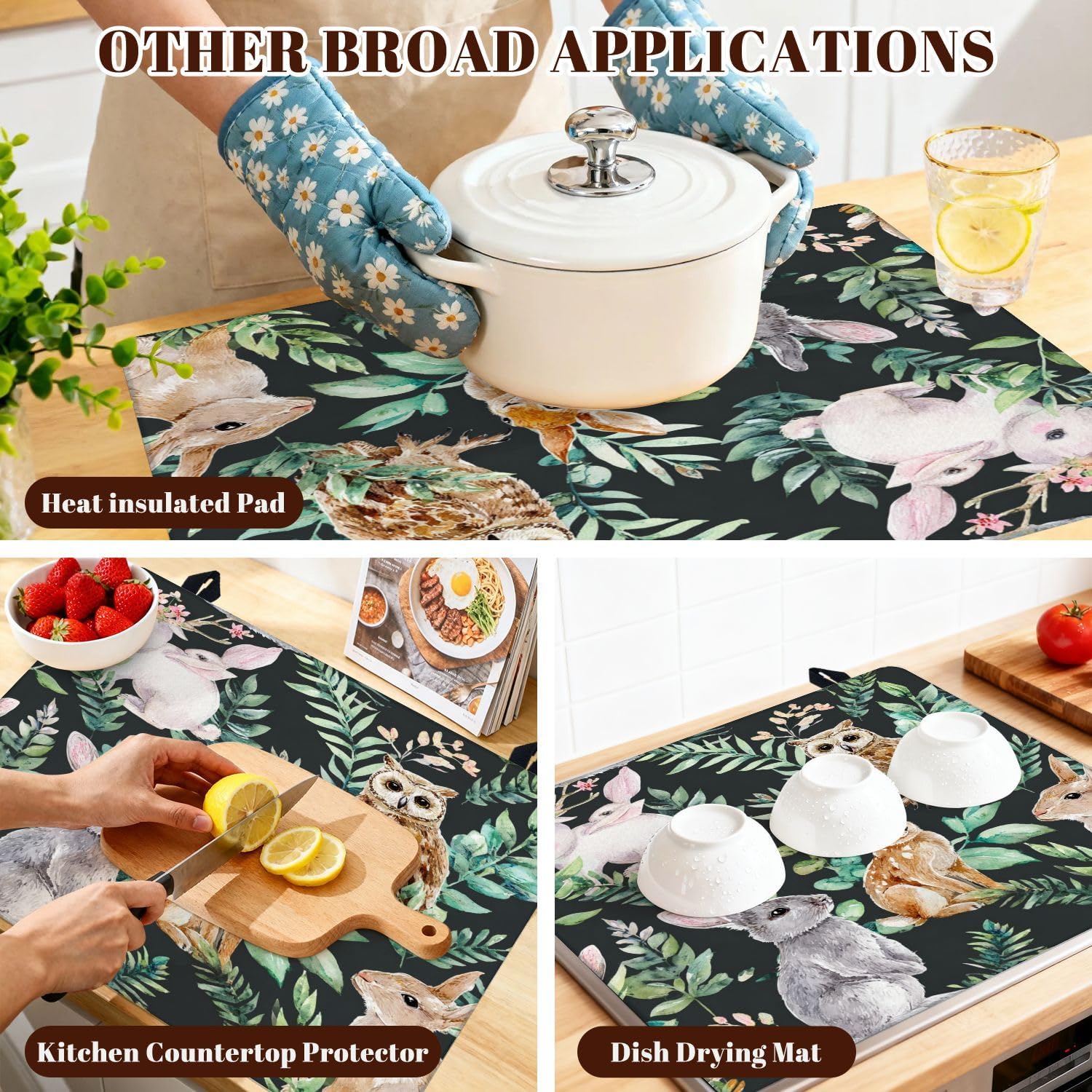Stove Top Covers for Electric Stove Watercolor owl little rabbits wild herbs flowers seamless cute Glass Cooktop Burner Covers Heat Resistant Protector Kitchen Decor Keep Stove Clean 28''x20''