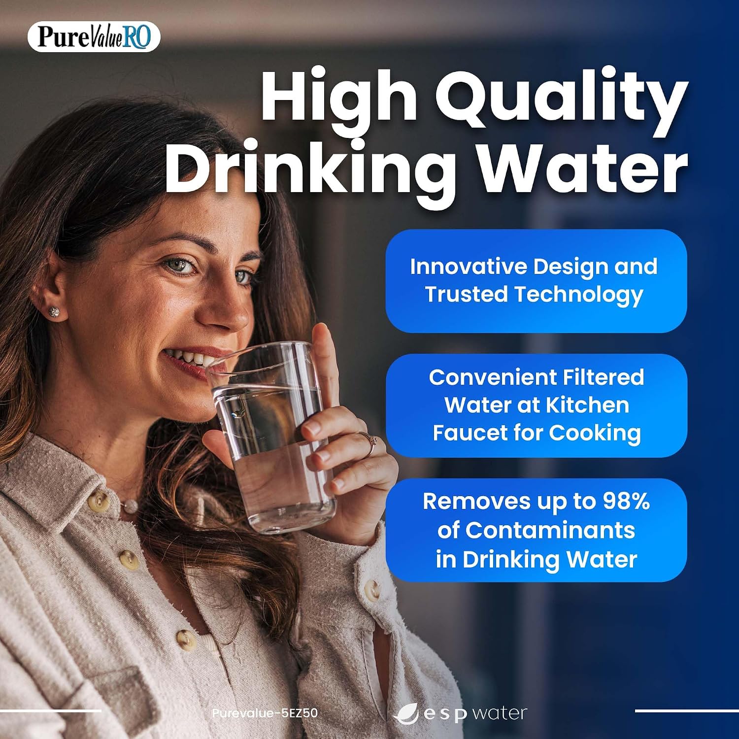 PureValue 5EZ50 Reverse Osmosis System - 5-Stage RO Water Filtration System for Under Sink Filter, 50 GPD RO Drinking Water with Dual Carbon Block, Reduces Chlorine, Includes Installation Kit
