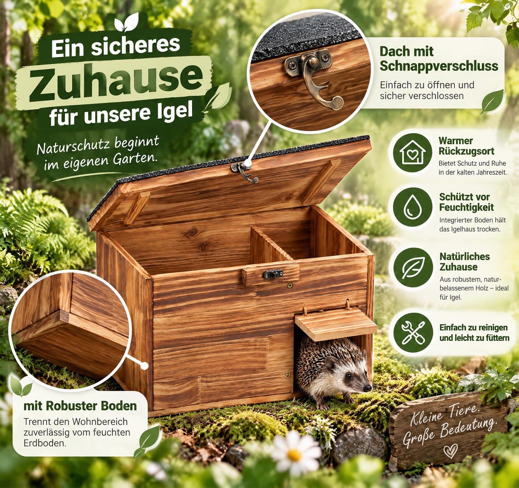 Homewit XXL Igelhaus aus Holz mit Boden, Igelhütte 45 cm für Garten & Natur