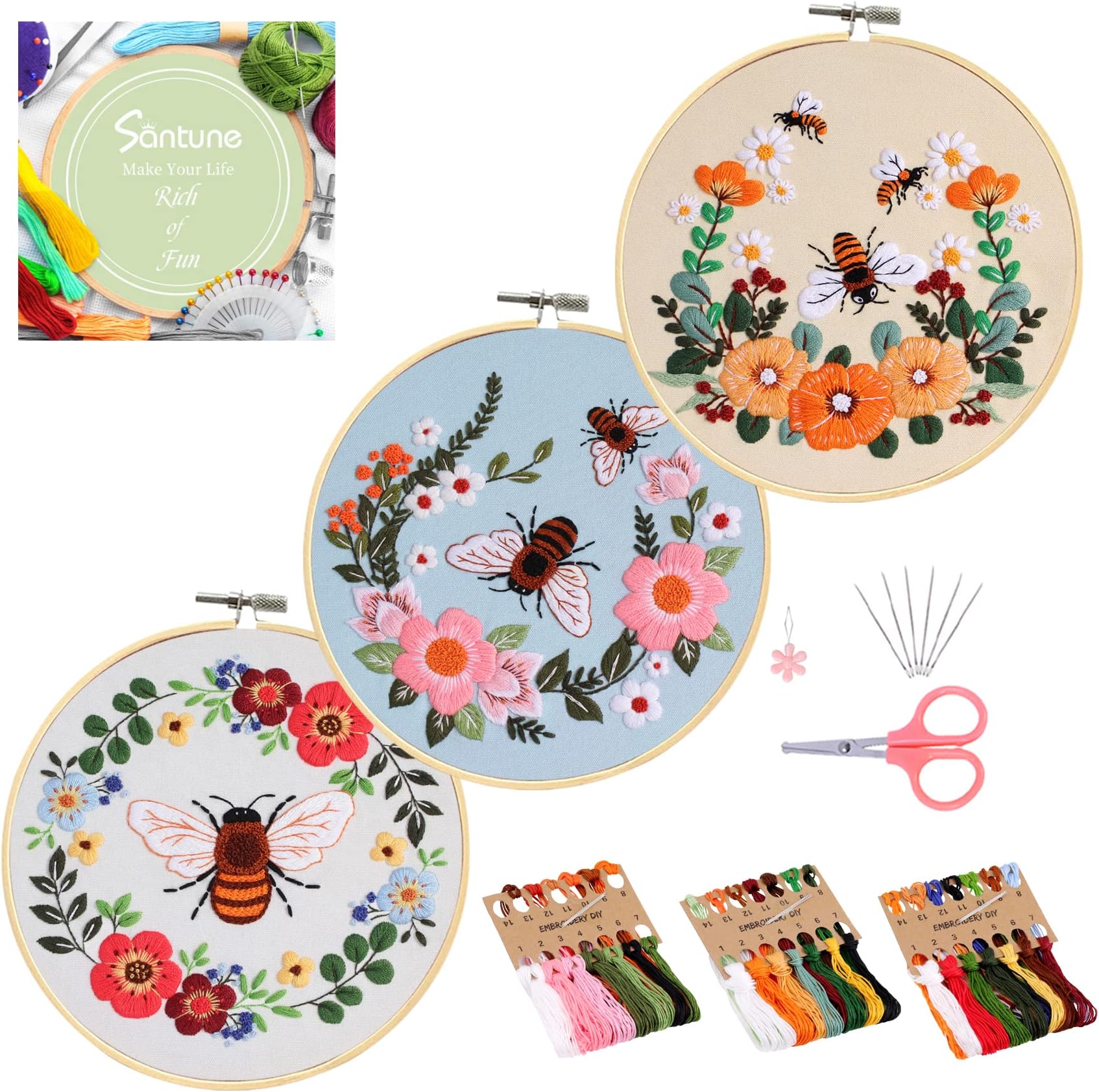 Santune 3 Pack Bee Embroidery Kit for Beginners Adult Cross Stitch Kits Hand Embroidery with Animal Patterns and Instructions,DIY Sets for Women with Hoop,Threads and Needles