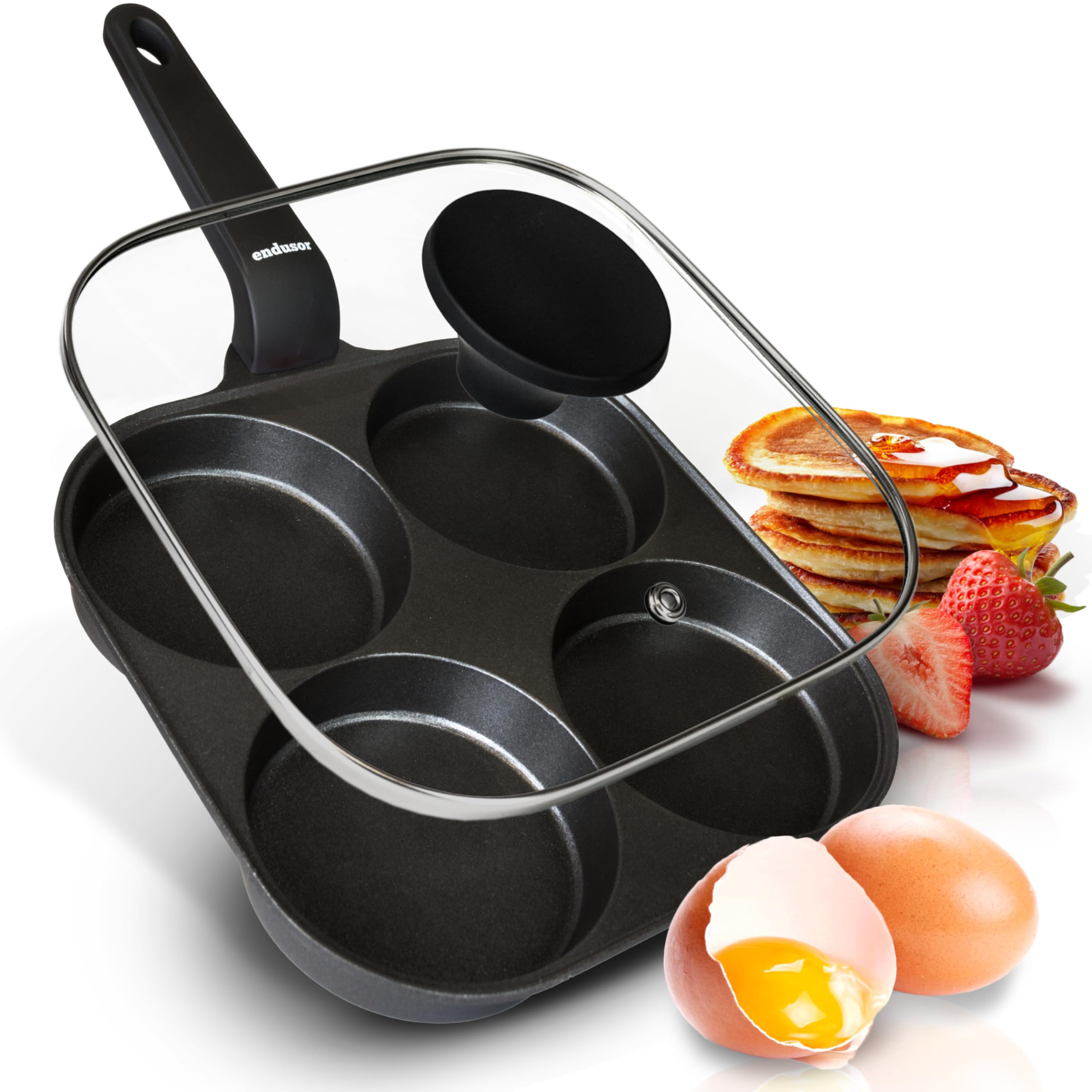 endusor Padella pancake e uova fritte - 21cm padella per pancake antiaderente con coperchio | Per Fornelli a Induzione Gas Ceramica Elettrici Alogeni| Piastra a 4 stampi per Pancakes Uova Fritte