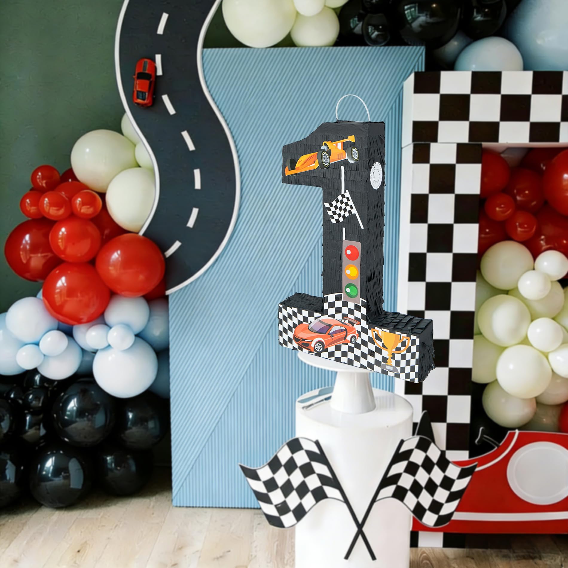 PCFING Piñata número 1 de coche de carreras de 20 pulgadas con palo de piñata de 30 pulgadas, confeti vendado para niños, niñas, adultos, carreras, decoraciones de fiesta de cumpleaños, celebración de