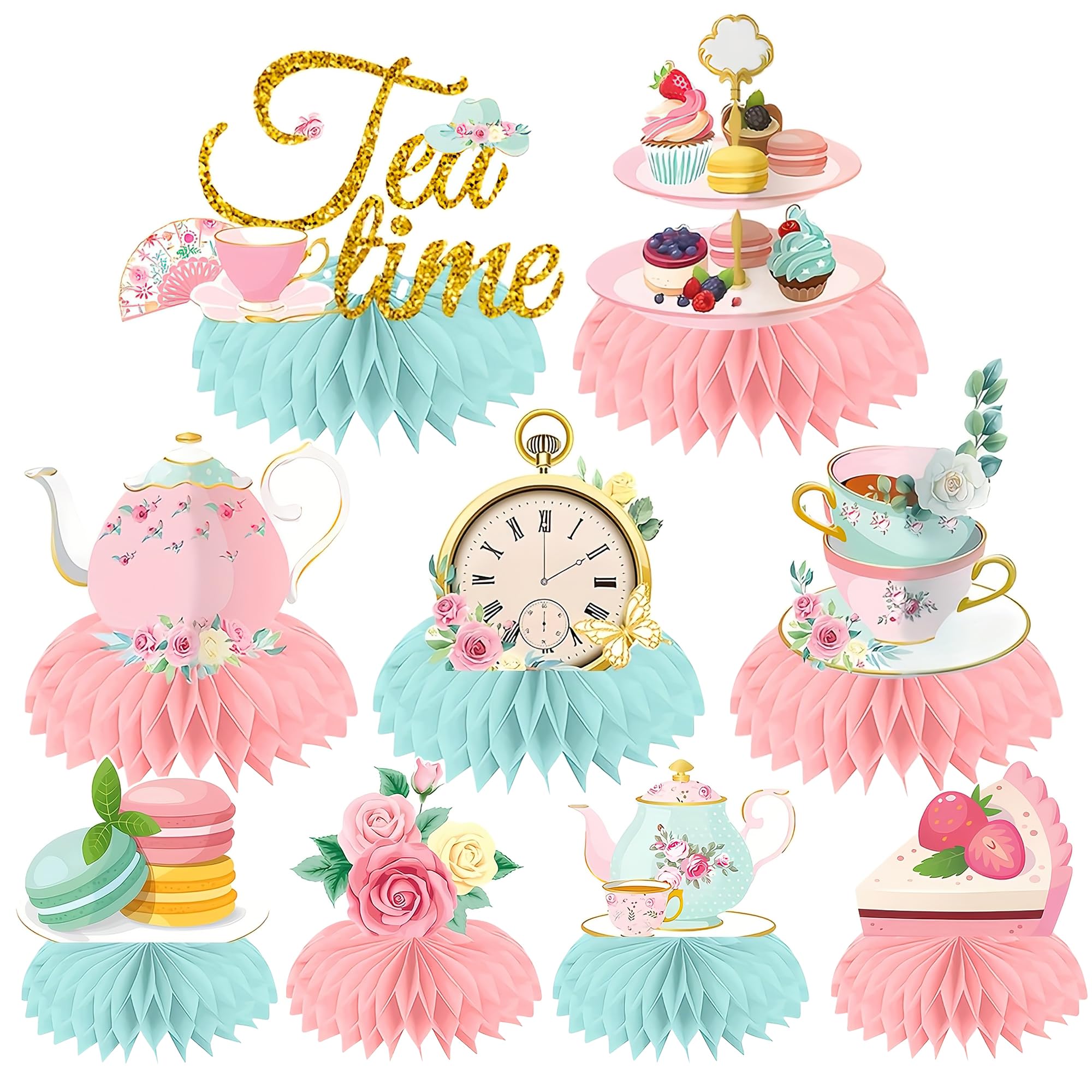 9Pcs Tea Party Decorations - Floral Teapot Honeycomb Table Centerpieces Decor, Tea Party Supplies Table Decor for Flower Theme Party Birthday, Women Wedding Supplies