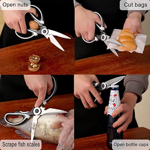 Miniatura 8 de Tijeras de cocina multiusos, paquete de 3, tijeras de cocina de acero inoxidable resistentes para cortar carne, alimentos, pescado, aves de corral,