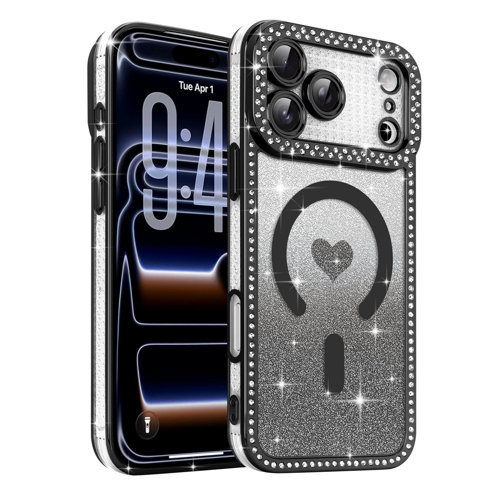 Urarssa Magnetische Hülle für iPhone 17 Pro Transparente Glitter Telefon Bling Glitzer Antichoc Etui Silikon Ultra Dünne Leichte für iPhone 17 Pro Schwarz