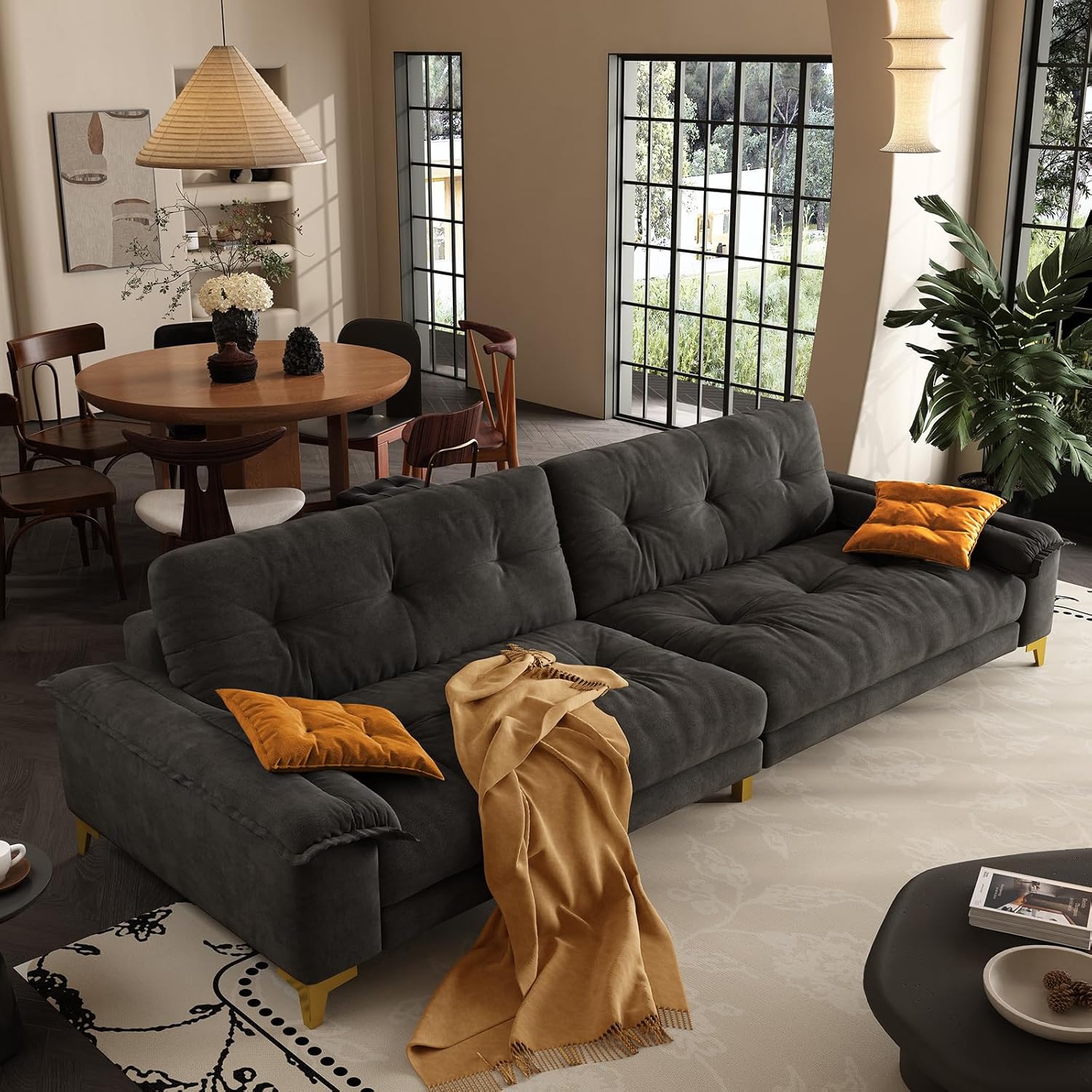 104.7" sectional Couch, mid-Century Modern 4-Seater Comfy Cloud Couch for Living Room Office, Button Tufted upholstered Metal Legs Sofa Sturdy loveseat (Dark Gery, 104.7Inch)