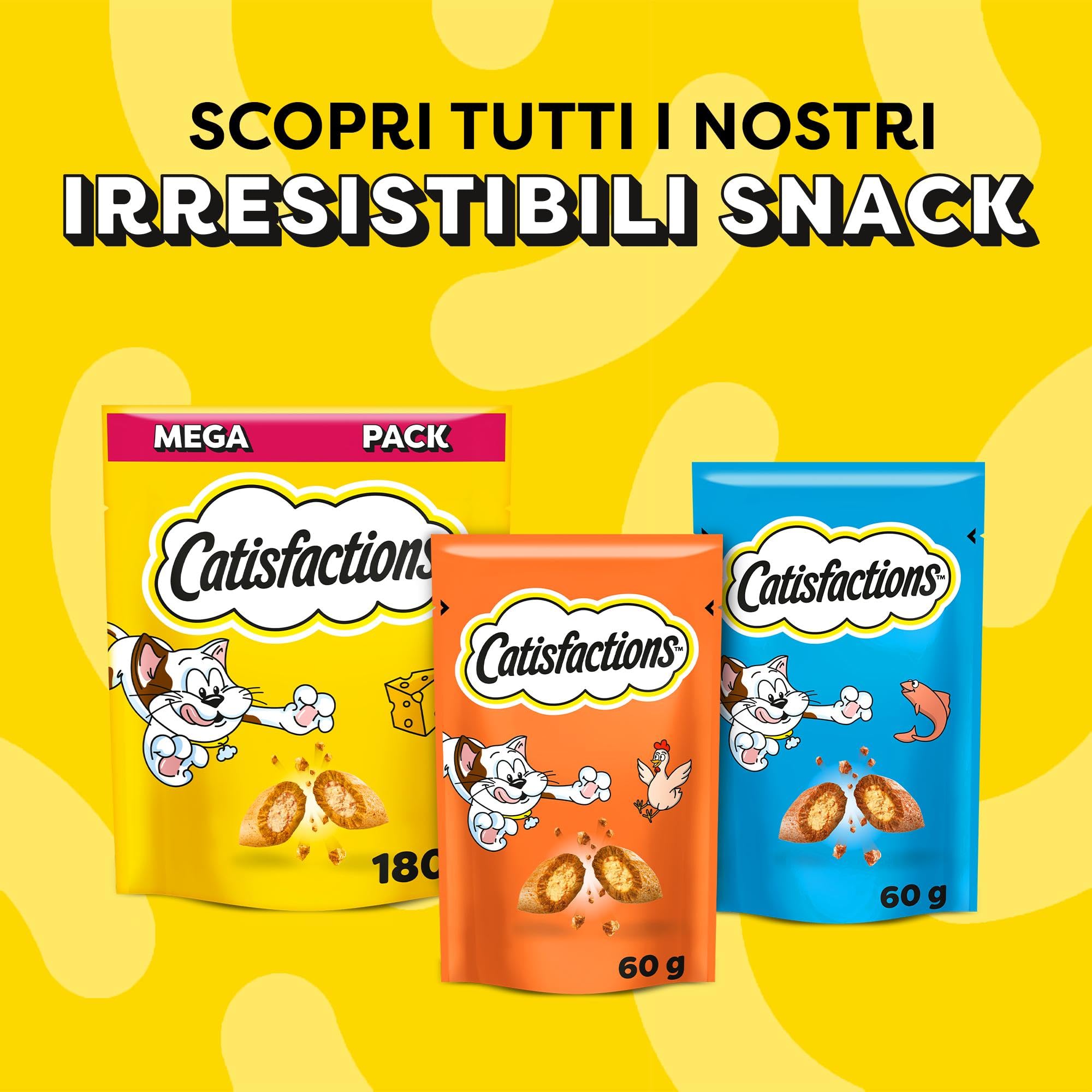 Catisfactions Snack per Gatto, Confezione mista Pollo Formaggio Salmone, 12 x 60 g