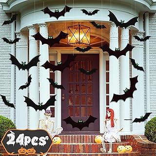 24 Pcs Hanging Bats Halloween Decorations for Indoor & Outdoor Yard, Tree, Lawn, Wall, Large Flying Plastic Halloween Bats Outside Decor, 4 Different Sizes with Glowing Eyes Sticker