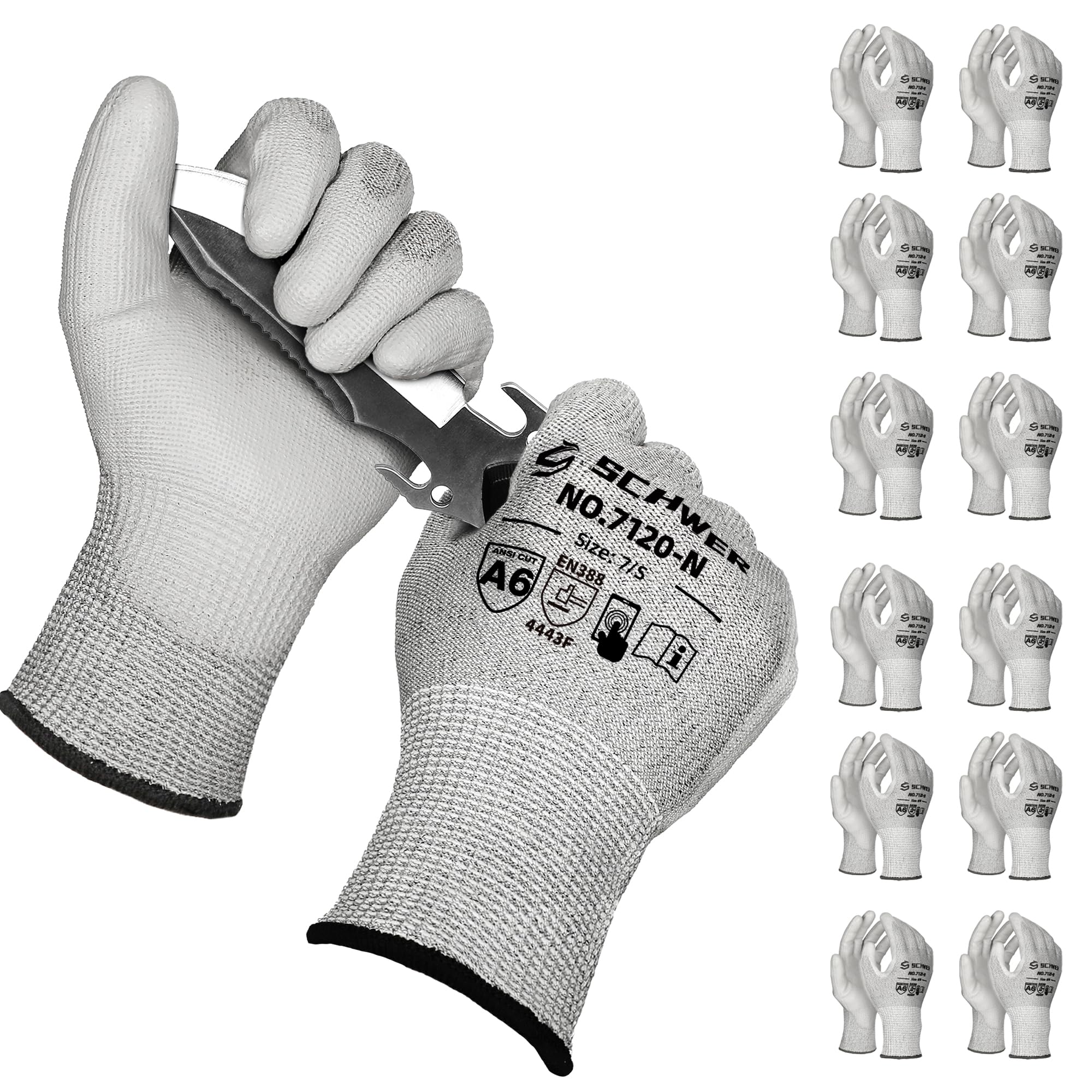 Schwer 12 Pairs Cut Resistant Gloves ANSI A6/A7 (Send Randomly) CR7120 Cut Proof Work Gloves, Touchscreen, for Men and Women Used for Woodworking,