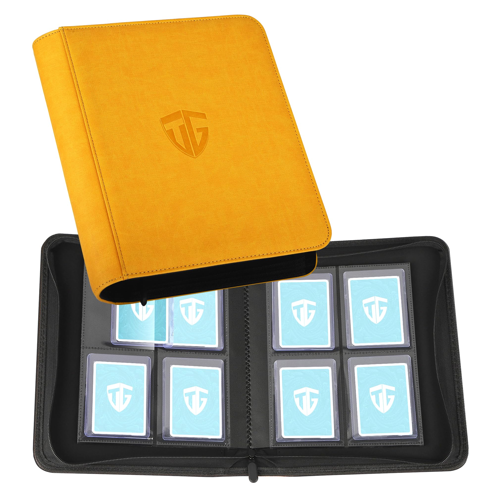 TCGUARD Toploader Trading Card Album for 112 Toploaders, 4 Compartments TCG Binder with Sleeves for 3 x 4 Inch Rigid Card, Trading Card Binder for TCG, MTG Cards, Card Trading Albums (Yellow)