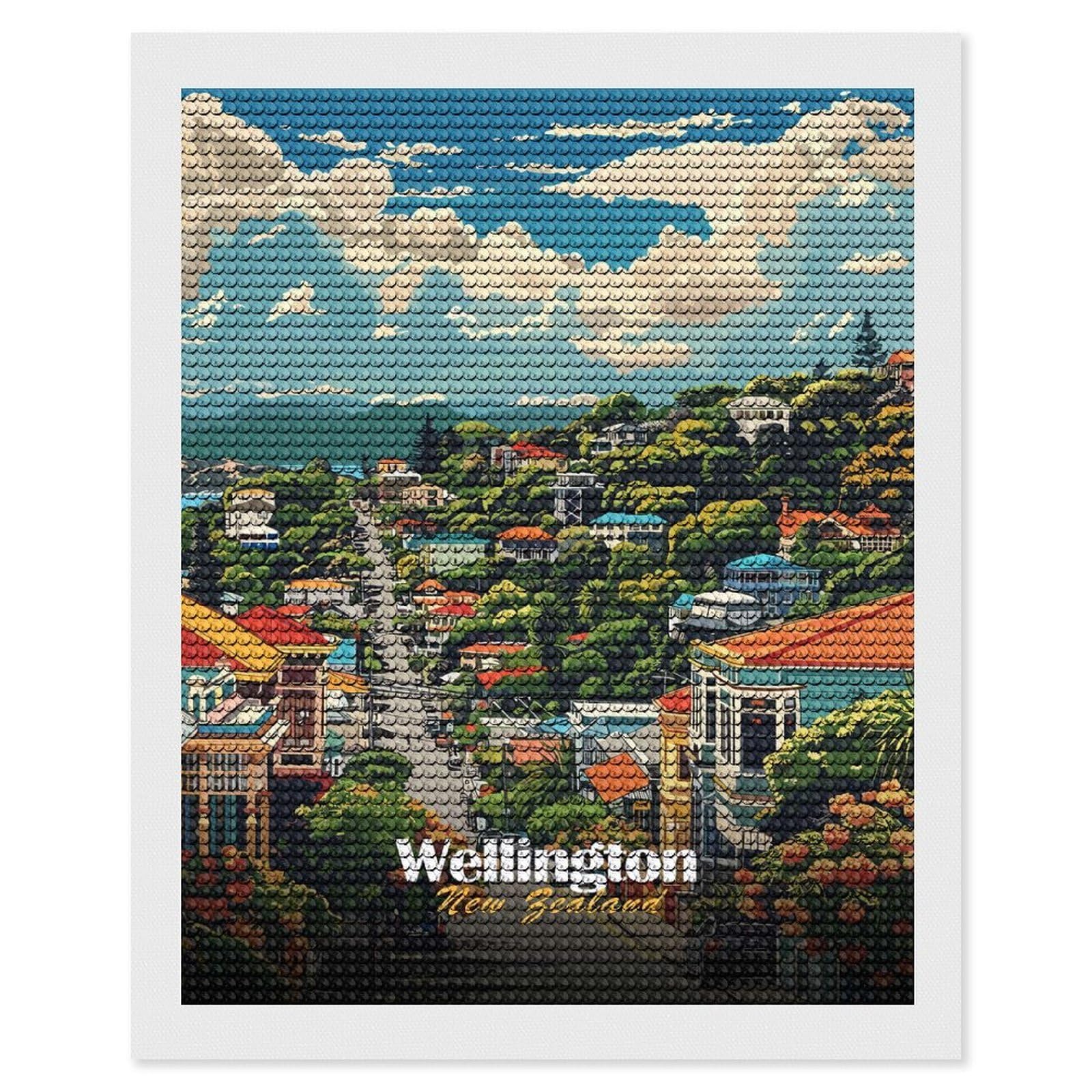 Junmoney Wellington, New Zealand Cityscape Round Drill Diamond Painting 16"x20", for Craft Lovers, Stress Relief Craft, Bedroom Decor, Festive Craft Gift