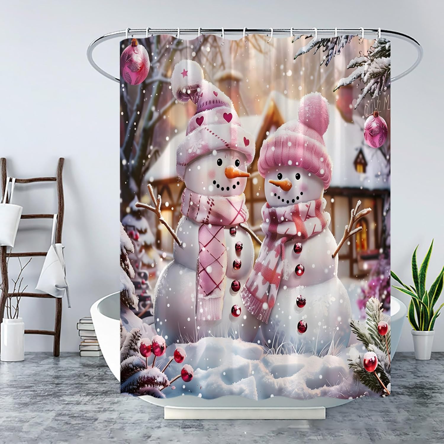 Pink Christmas Snowman Shower Curtain Xmas Balls Pine Cones Winter Tree Branches Snowflake Snow Holiday Festival Decor Bathroom Curtain Set with Hook