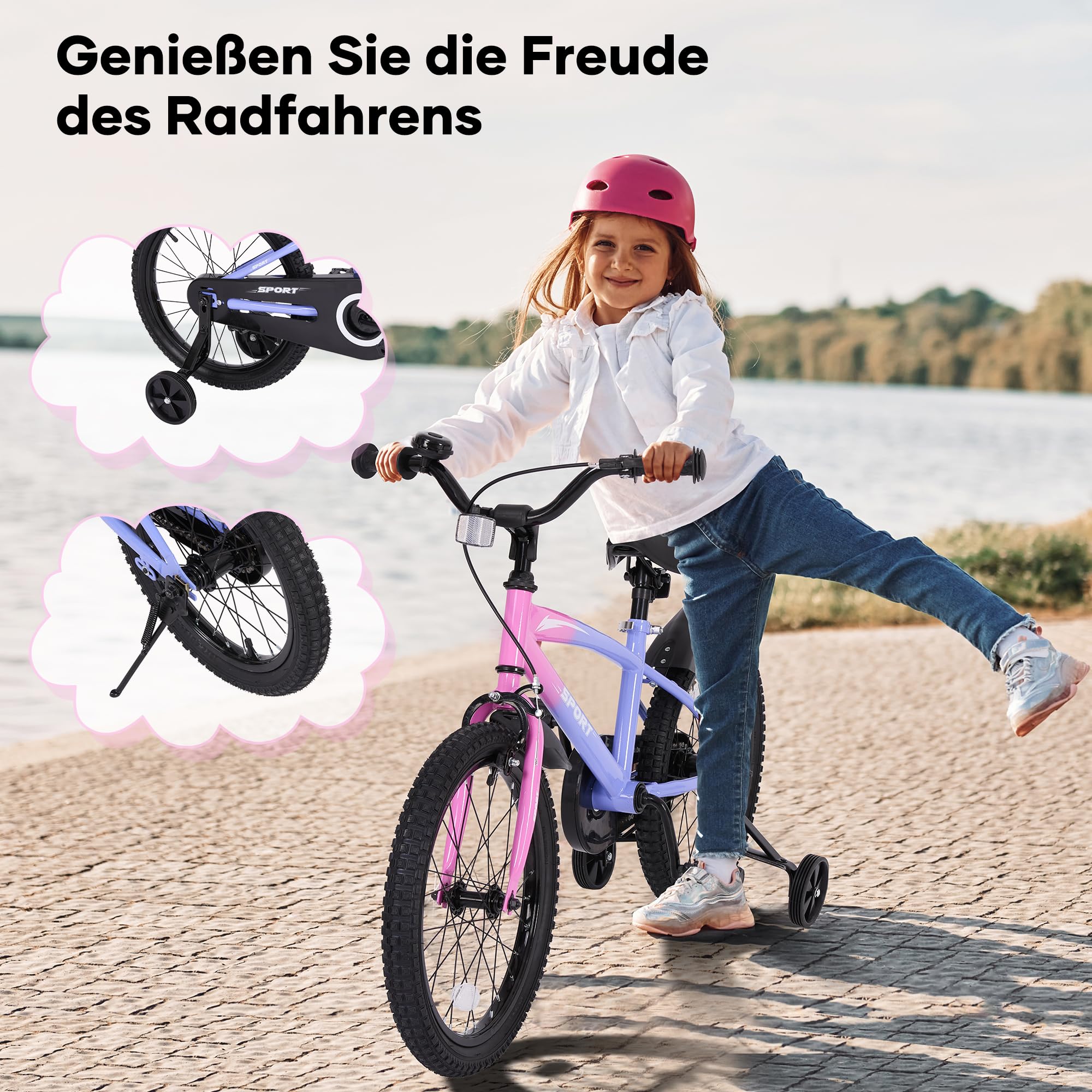 BODIOO Bicicletta per bambini da 16 pollici, per ragazzi e ragazze, con sedile regolabile, ruote di supporto, freno a mano, freno a contropedale e telaio robusto per conducenti da 104 a 117 cm (colore