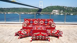 Red Arabic Majlis, Oriental Cushion, Moroccan Cushion, Ethnic Floor Cushion, Sofa Slipcovers, Futon Sofa Bed (Sofa + Rug + Ottoman, 8'' Thickness (20 cm))