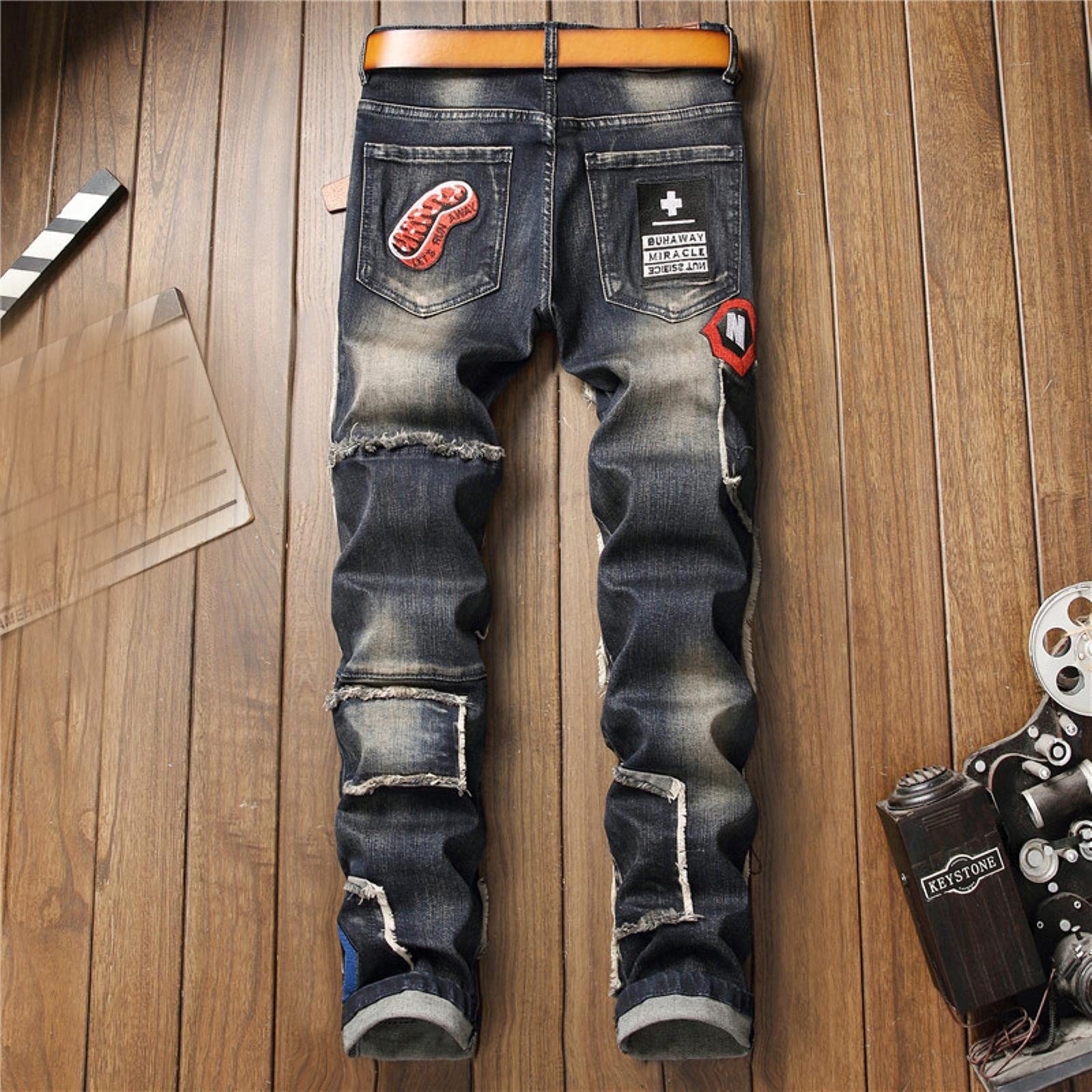Men's Badge Patchwork Ripped Embroidered Stretch Jeans Trendy