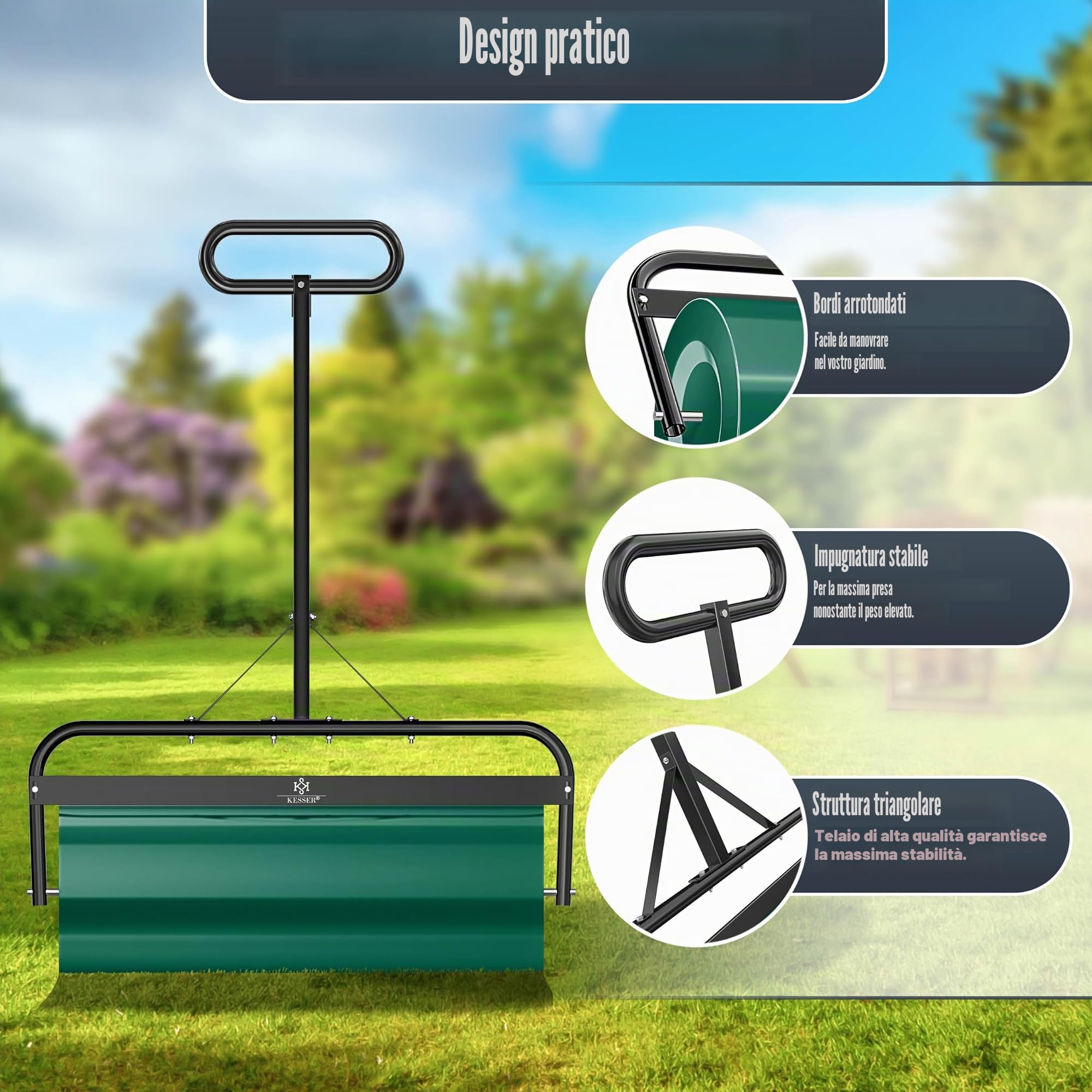KESSER® Rullo per prato in metallo, riempibile con acqua o sabbia, con 63 litri di volume e 99 cm di larghezza, rullo da giardino con guanti, rullo manuale per prato, rullo da agricoltura, colore