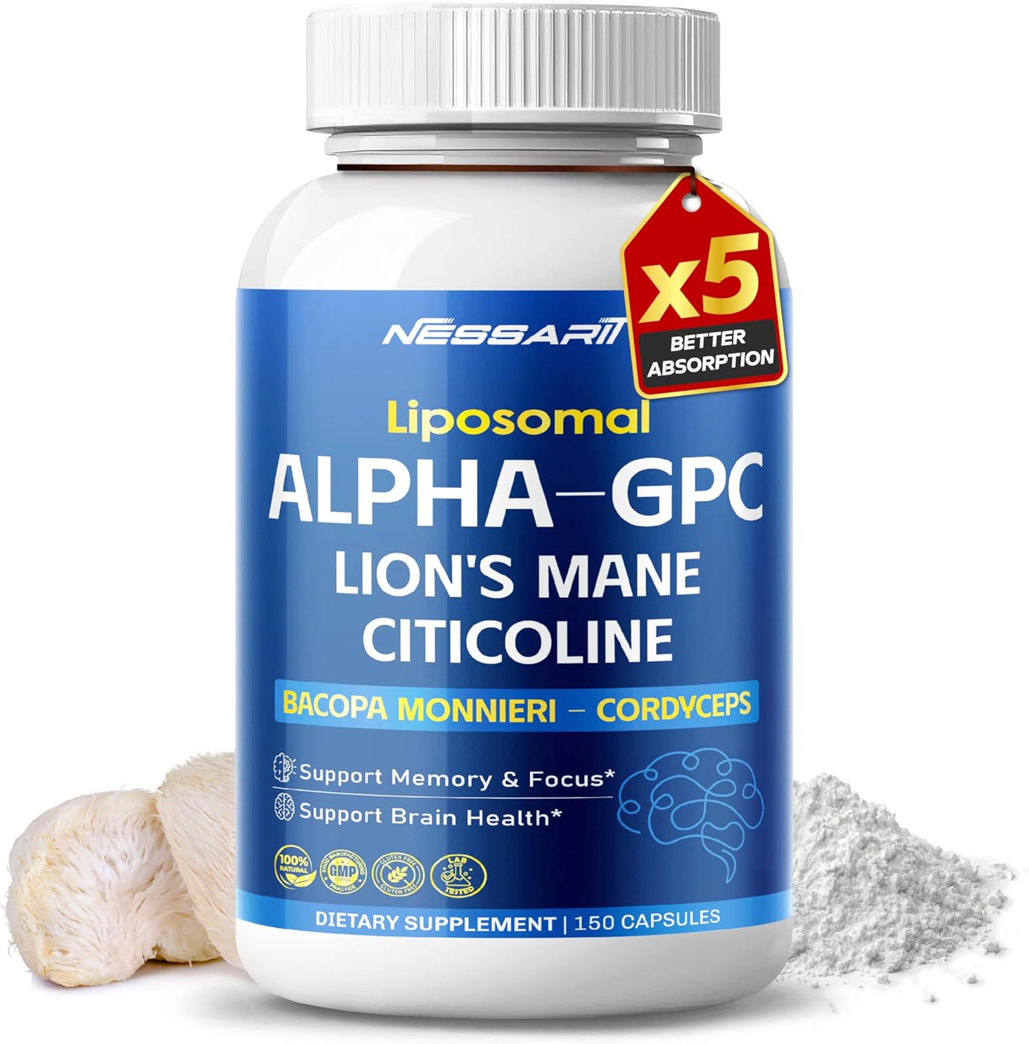 Liposomal Alpha-GPC, Lion’s Mane, Citicoline, Bacopa Monnieri & Cordyceps – Support Memory, Focus & Brain Health – 150 Capsules*