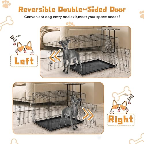 Miniatura 6 de DUMOS Jaula para perros, jaula mediana de doble puerta de 36 pulgadas con panel divisor y bandeja de plástico a prueba de fugas, perrera plegable de