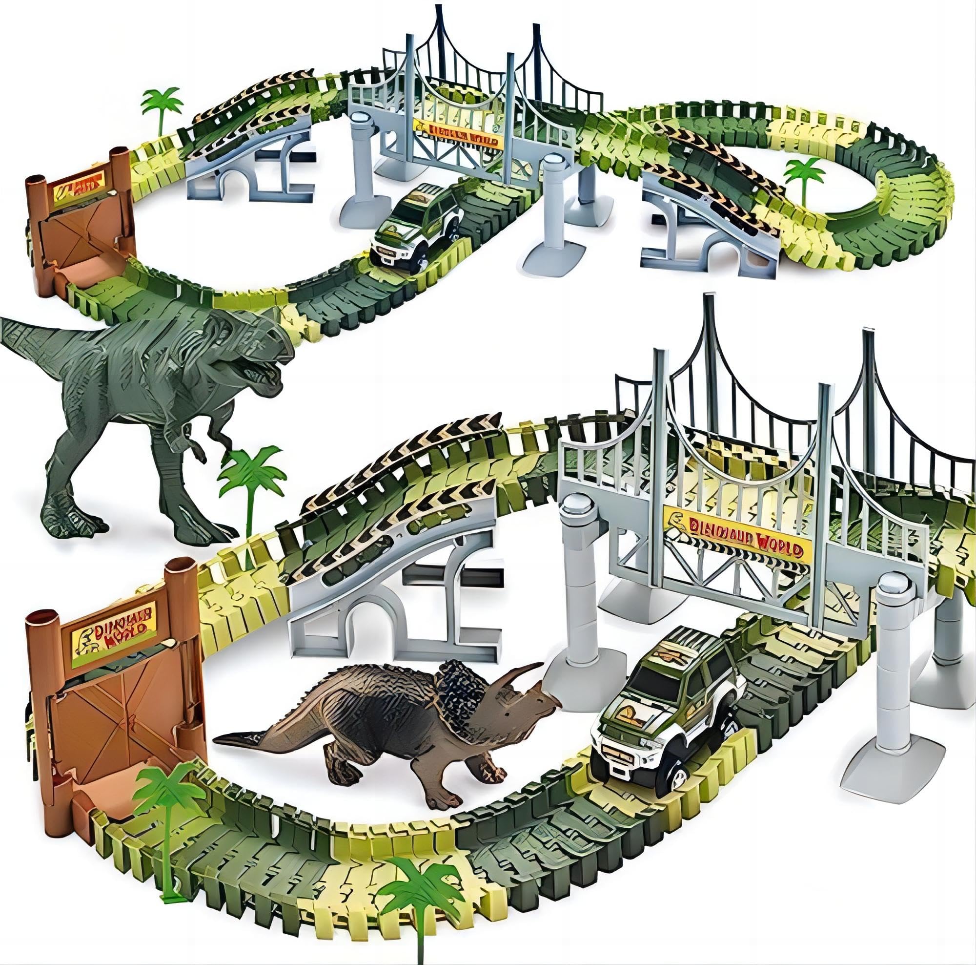 LenosedDinosaur Train Race Track Car Toy 240pcs Set With 2Cars Dinosaur Explorer Island Play Toys, Dinosaur World Discovery Expedition-Realistic Figu