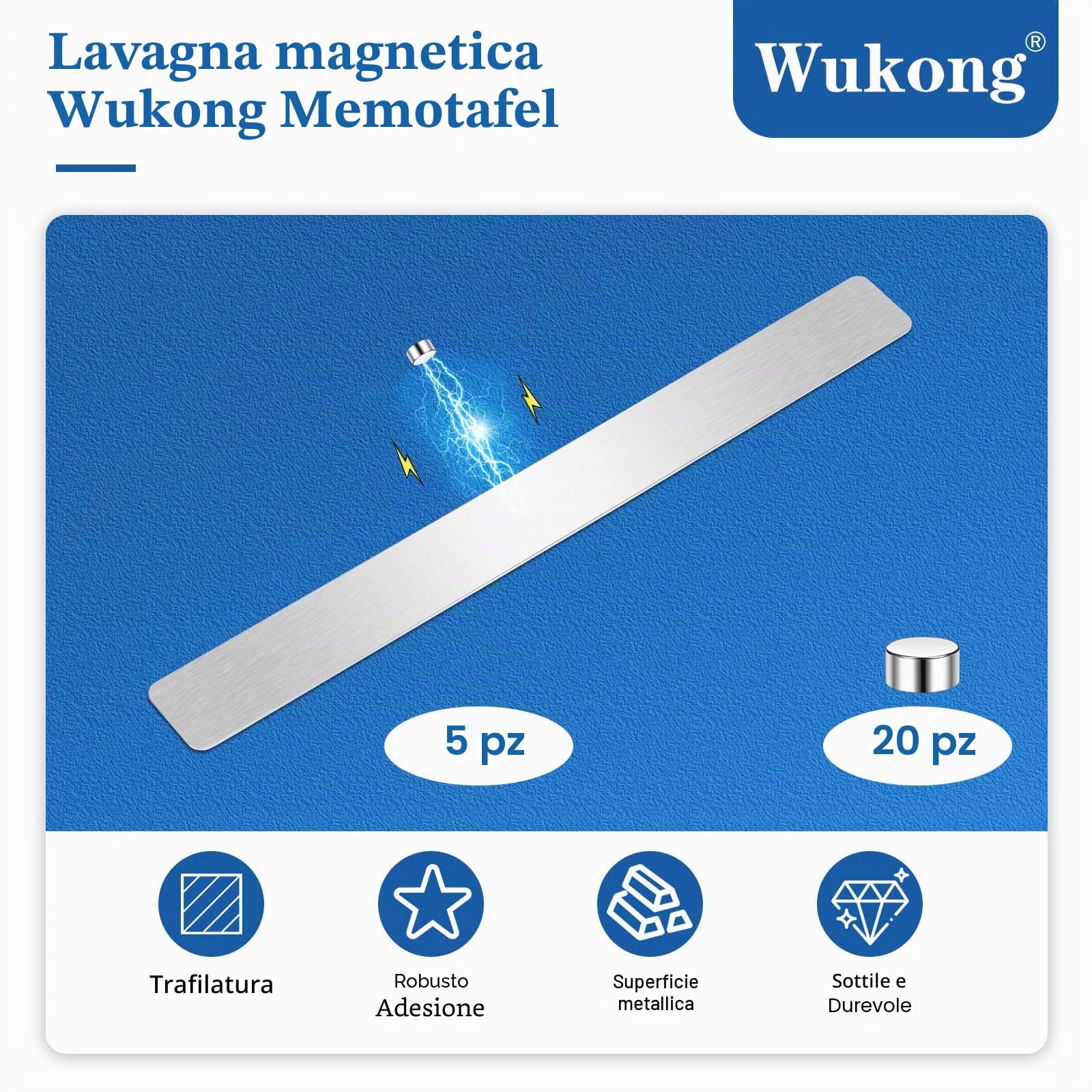 Wukong Lavagna magnetica per memo, 30 x 4 mm, 5 pezzi, autoadesive, con 20 magneti al neodimio da 5 x 3 mm, per ufficio, bacheca, foto, documenti (argento)