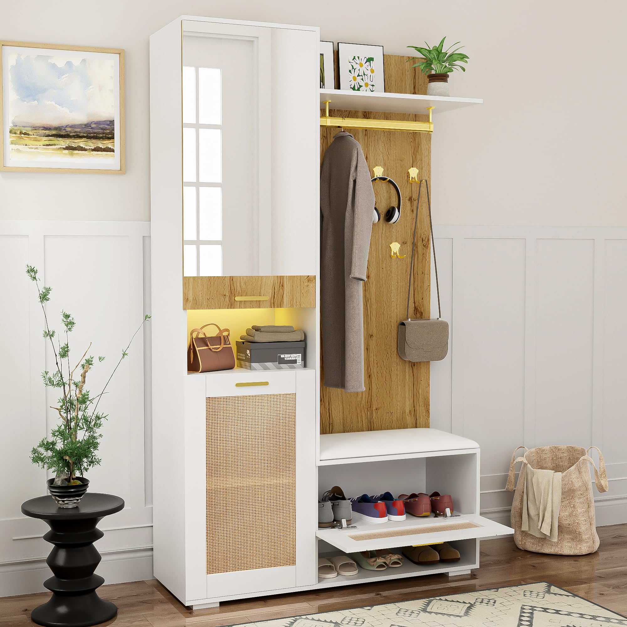 Garderobenset mit Spiegel und LED, Wandgarderobe mit Schuhbank, 110x38x190cm