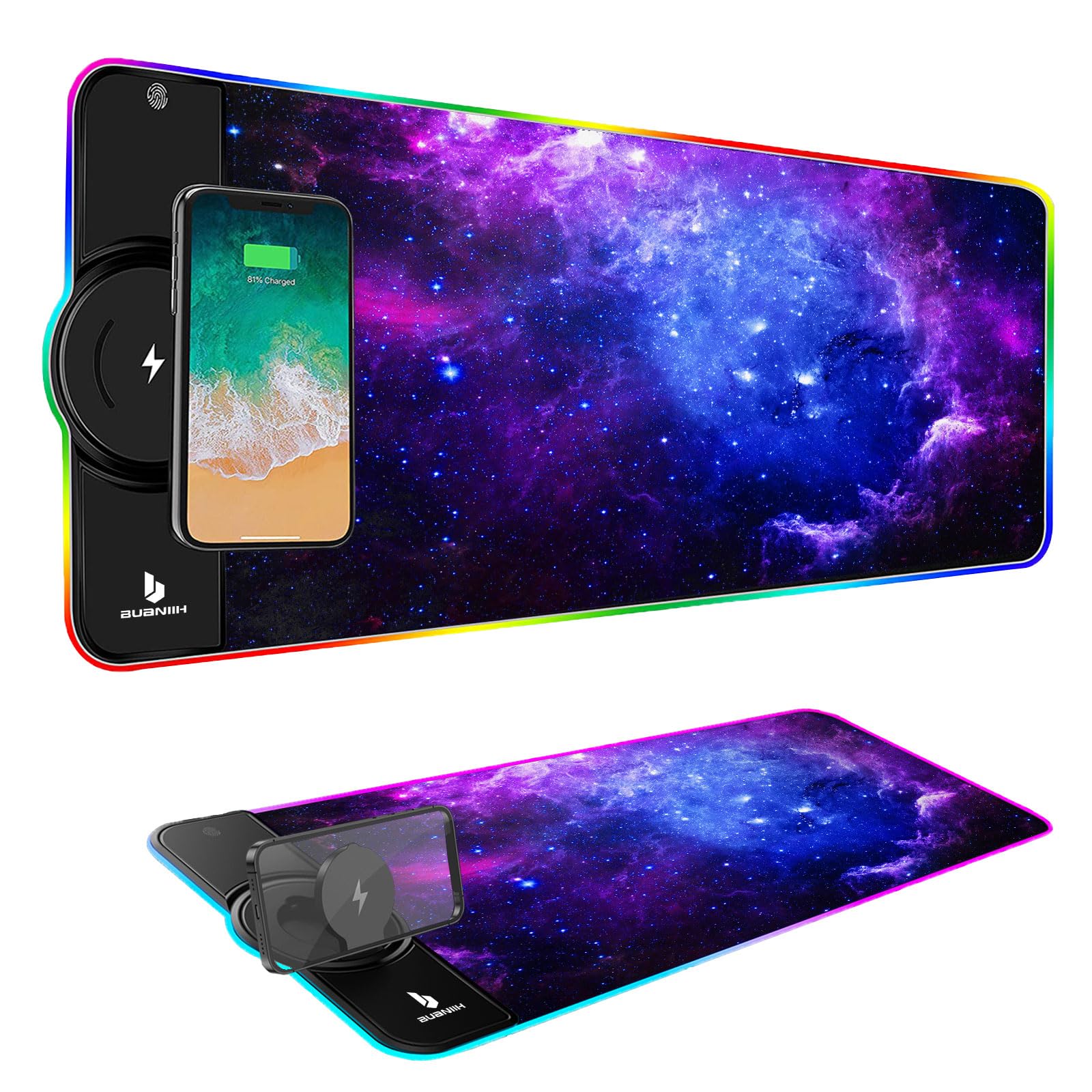 Mouse Pad,Large Mouse Pad,Wireless Charging Mouse Pad,15W Fast Charging,Extened Large Size,10 Lighting Modes,for Mobile Phone Devices,Home & Office,31.5"X11.8"(Blue Galaxy)