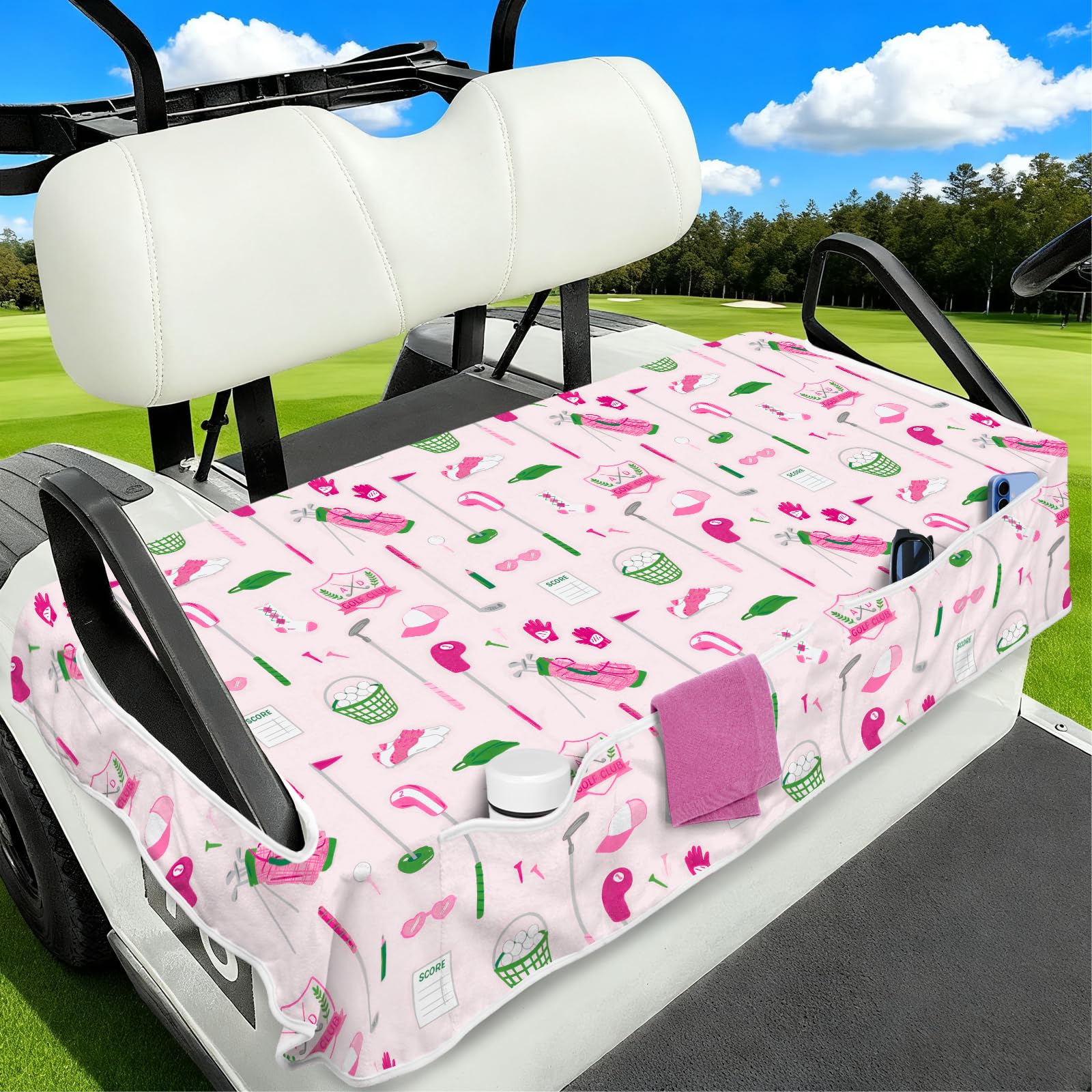 Golf Cart Seat Covers Club Car Golf Cart Accessories 4 Pockets Golf Carts Seat Towel Blanket for Men Women Golf Cart Decor