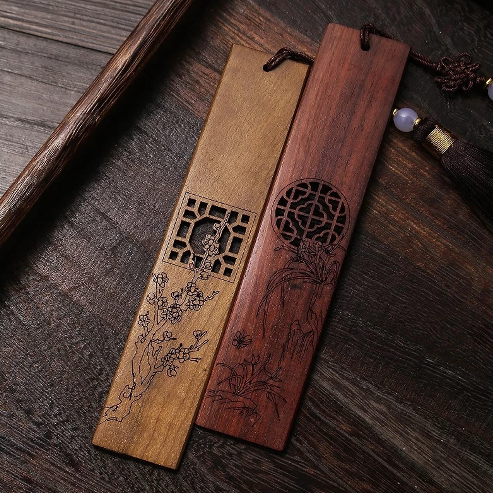 segnalibri di legno, Segnalibri in legno fatti a mano, confezione da 4, con nodo cinese, 5,5x1,1 pollici