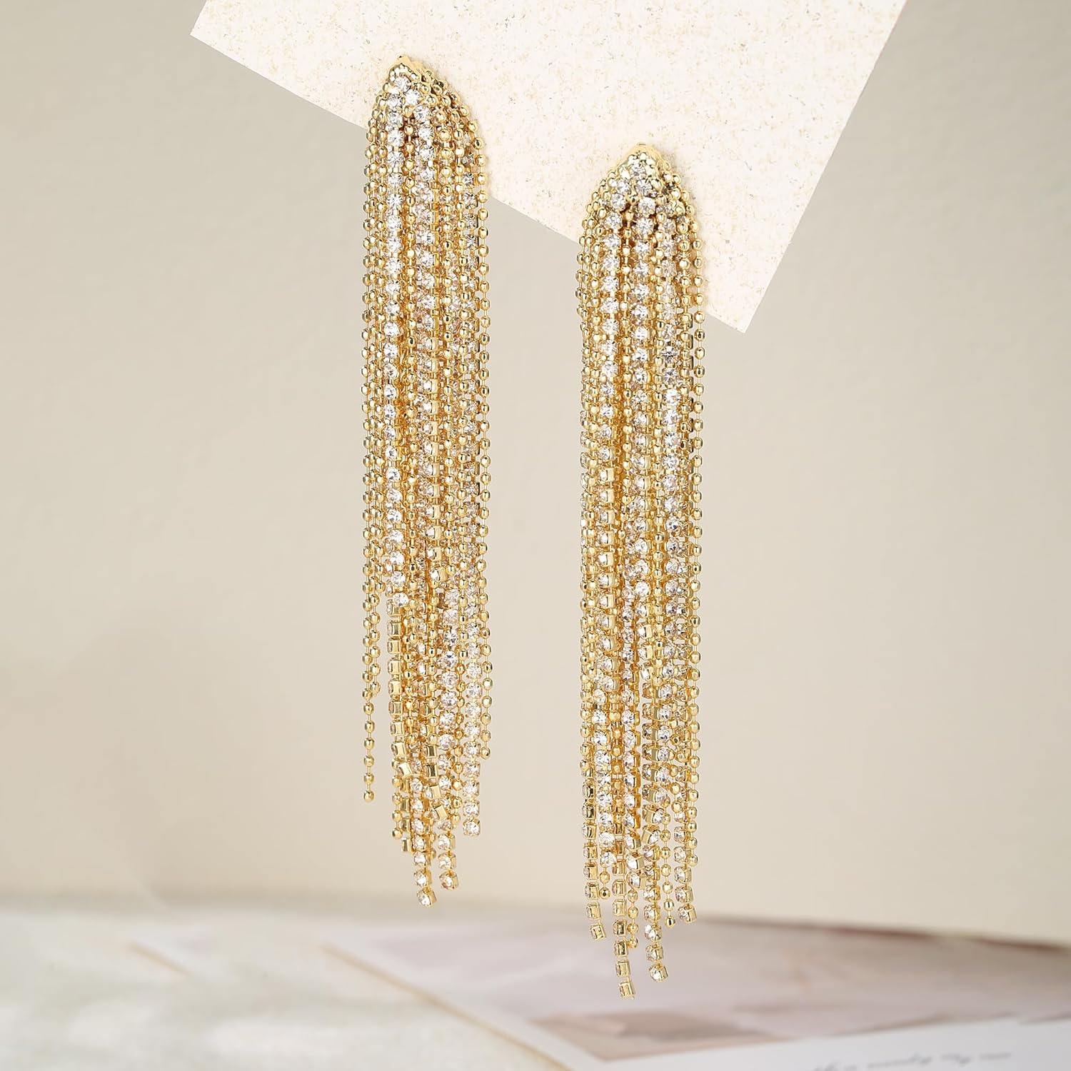 Flyonce Sparkly Rhinestone Chandelier Earrings, Wedding Bridal Crystal Statement Tassel Long Dangle Earrings fo Women s - Image 4