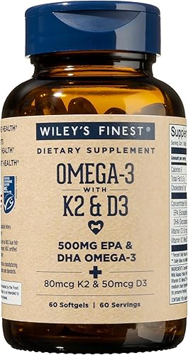 Wiley's Finest Wild Alaskan Fish Oil Vitamina K2 Softgels - 500 mg de Omega-3 EPA y DHA para apoyo a la salud ósea y cardíaca - 60 cápsulas blandas