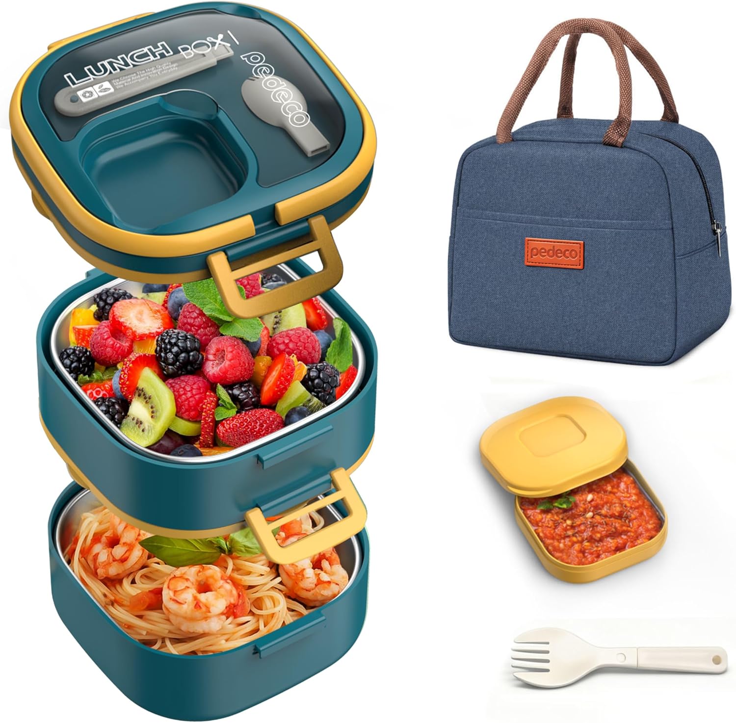 PEDECO Stackable Stainless Steel Bento Box with Insulated bag,Leak-Proof,2-Tier Bento box,Lunchbox container With Portable Sauce Pod and Cutlery-for Kids/Adult,Dishwasher/MicrowaveSafe,Blue