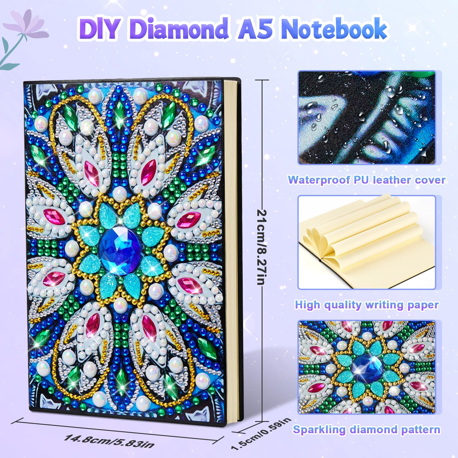 Enbagold Diamond Painting Kit Completo, Pittura Diamante Borsa e Taccuino A5, Diamond Painting Bambina, Regalo Bambina 6 7 8 9 10 Anni, Giochi Bambina 6-12 Anni Femmina -Farfalla Blu + Piuma Pavone