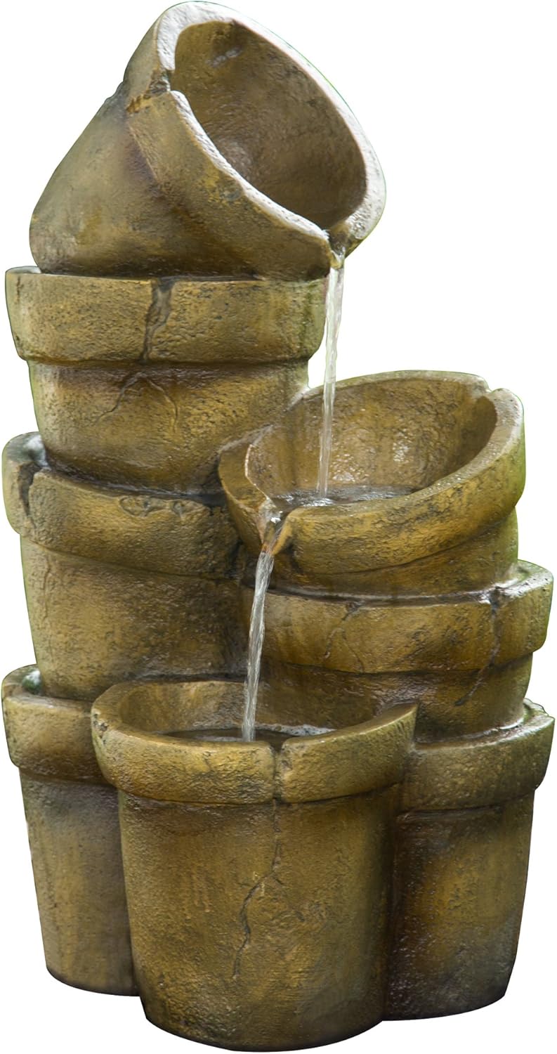 Teamson Home Stacked Pots 3 Tiered Floor Waterfall Fountain with Pump for Outdoor Patio Garden Backyard Decking, 30 Inch Height, Brown