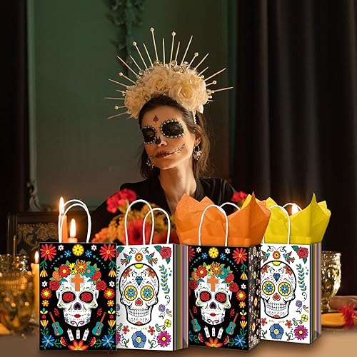 Miniatura 4 de Paquete de 16 bolsas de regalo del Día de los Muertos con asas, bolsas de dulces de calavera de azúcar, bolsas de golosinas con papel de seda para